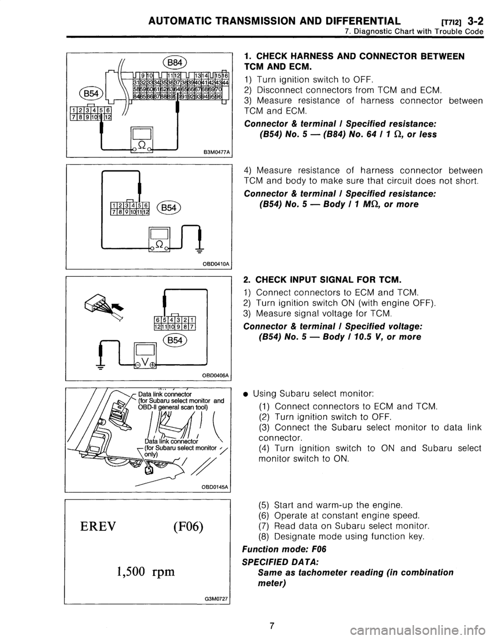 SUBARU LEGACY 1996  Service Repair Manual 
AUTOMATIC
TRANSMISSION
AND
DIFFERENTIAL
[T7i21
3-2

7
.
Diagnostic
Chart
with
Trouble
Code

OBD0410A
I

Data
link
connector
(for
Subaru
select
monitor
and
OBD-II
general
scan
tool)

/
/
/
i
~1
i
Dat