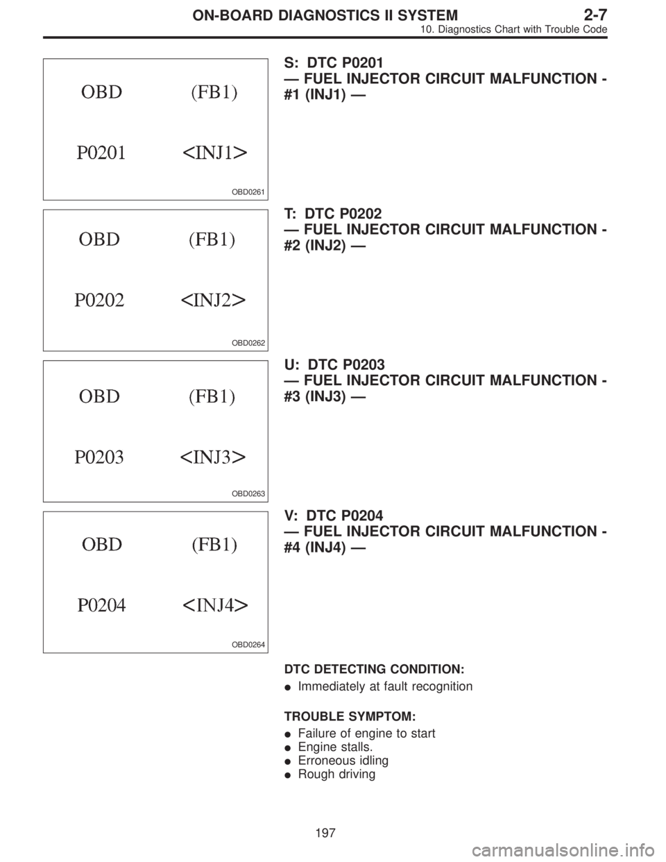 SUBARU LEGACY 1996  Service Repair Manual OBD0261
S: DTC P0201
—FUEL INJECTOR CIRCUIT MALFUNCTION -
#1 (INJ1)—
OBD0262
T: DTC P0202
—FUEL INJECTOR CIRCUIT MALFUNCTION -
#2 (INJ2)—
OBD0263
U: DTC P0203
—FUEL INJECTOR CIRCUIT MALFUNCT