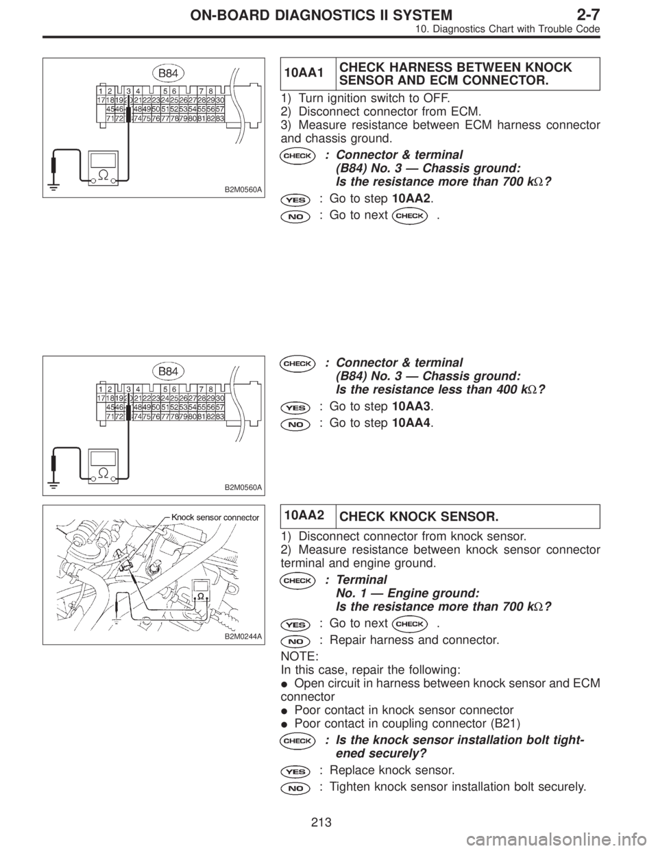 SUBARU LEGACY 1996  Service Repair Manual B2M0560A
10AA1CHECK HARNESS BETWEEN KNOCK
SENSOR AND ECM CONNECTOR.
1) Turn ignition switch to OFF.
2) Disconnect connector from ECM.
3) Measure resistance between ECM harness connector
and chassis gr