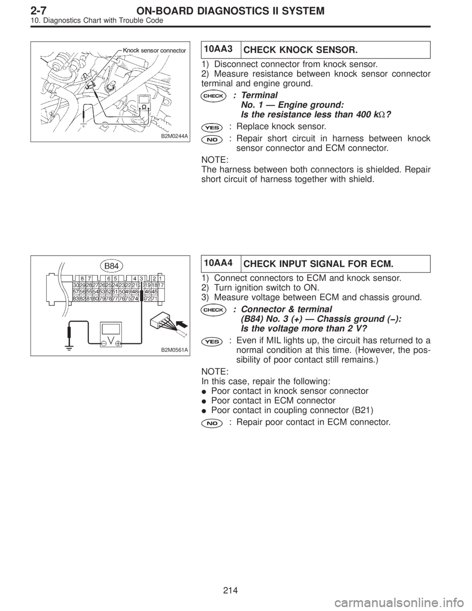 SUBARU LEGACY 1996  Service Repair Manual B2M0244A
10AA3
CHECK KNOCK SENSOR.
1) Disconnect connector from knock sensor.
2) Measure resistance between knock sensor connector
terminal and engine ground.
: Terminal
No. 1—Engine ground:
Is the 