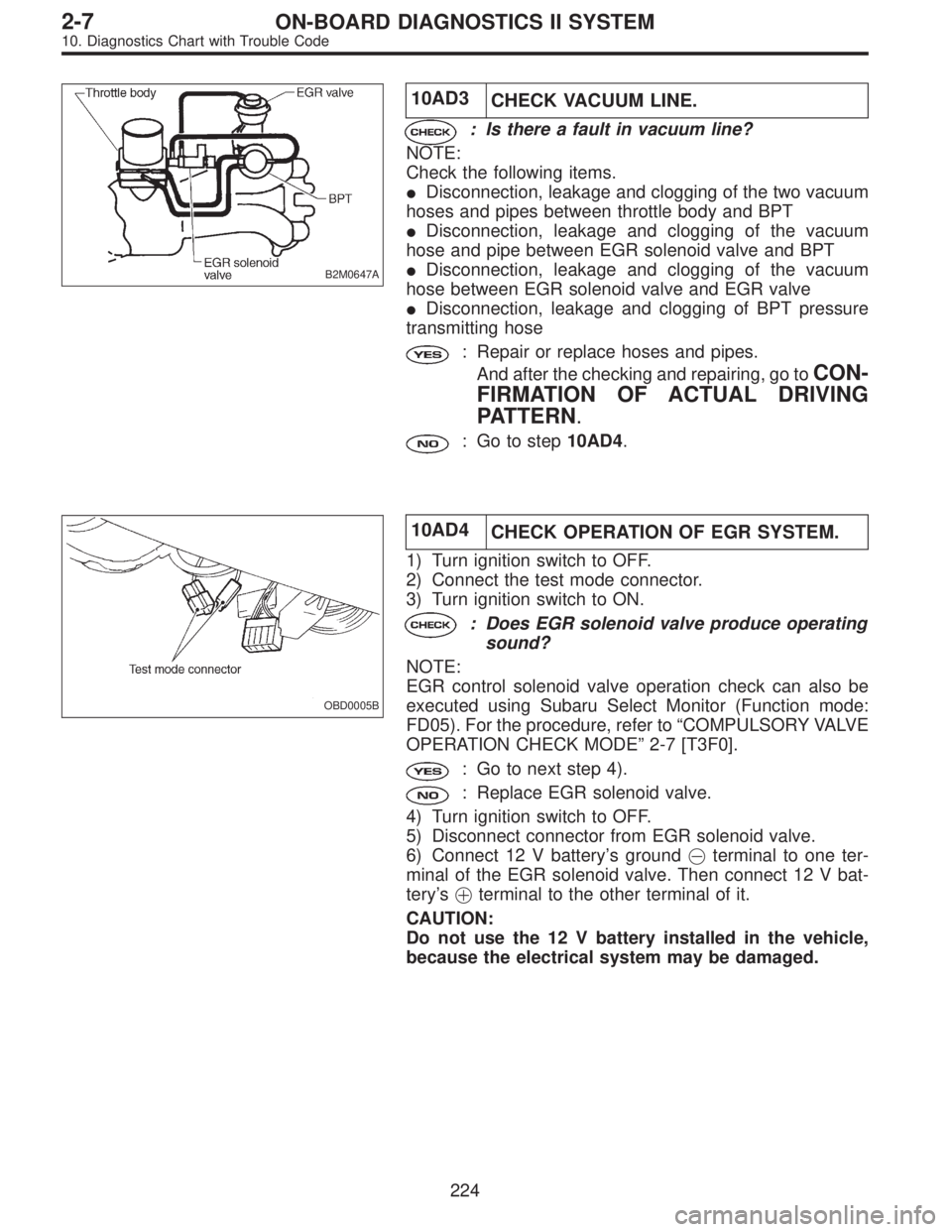 SUBARU LEGACY 1996  Service Repair Manual B2M0647A
10AD3
CHECK VACUUM LINE.
: Is there a fault in vacuum line?
NOTE:
Check the following items.
Disconnection, leakage and clogging of the two vacuum
hoses and pipes between throttle body and B