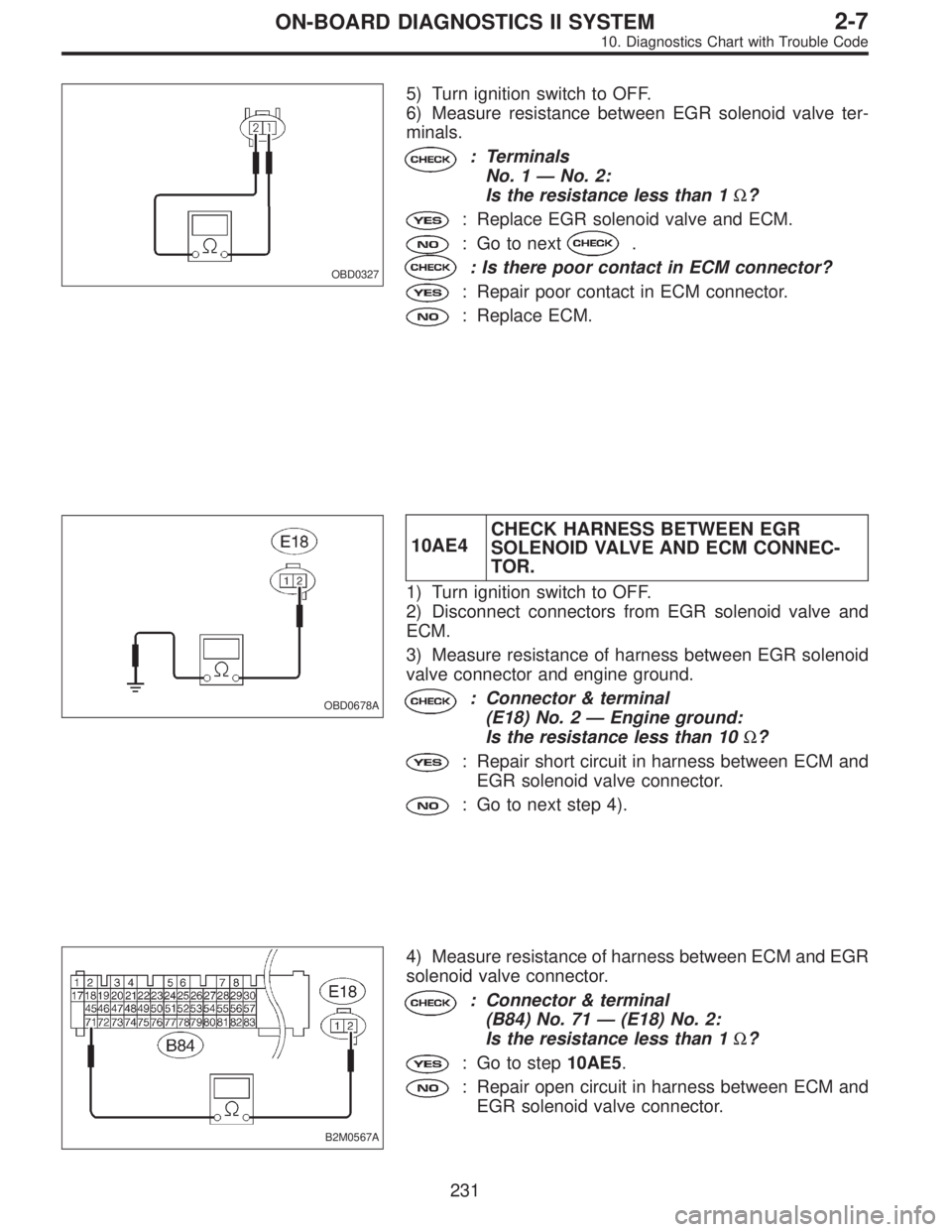 SUBARU LEGACY 1996  Service Repair Manual OBD0327
5) Turn ignition switch to OFF.
6) Measure resistance between EGR solenoid valve ter-
minals.
: Terminals
No. 1—No. 2:
Is the resistance less than 1Ω?
: Replace EGR solenoid valve and ECM.