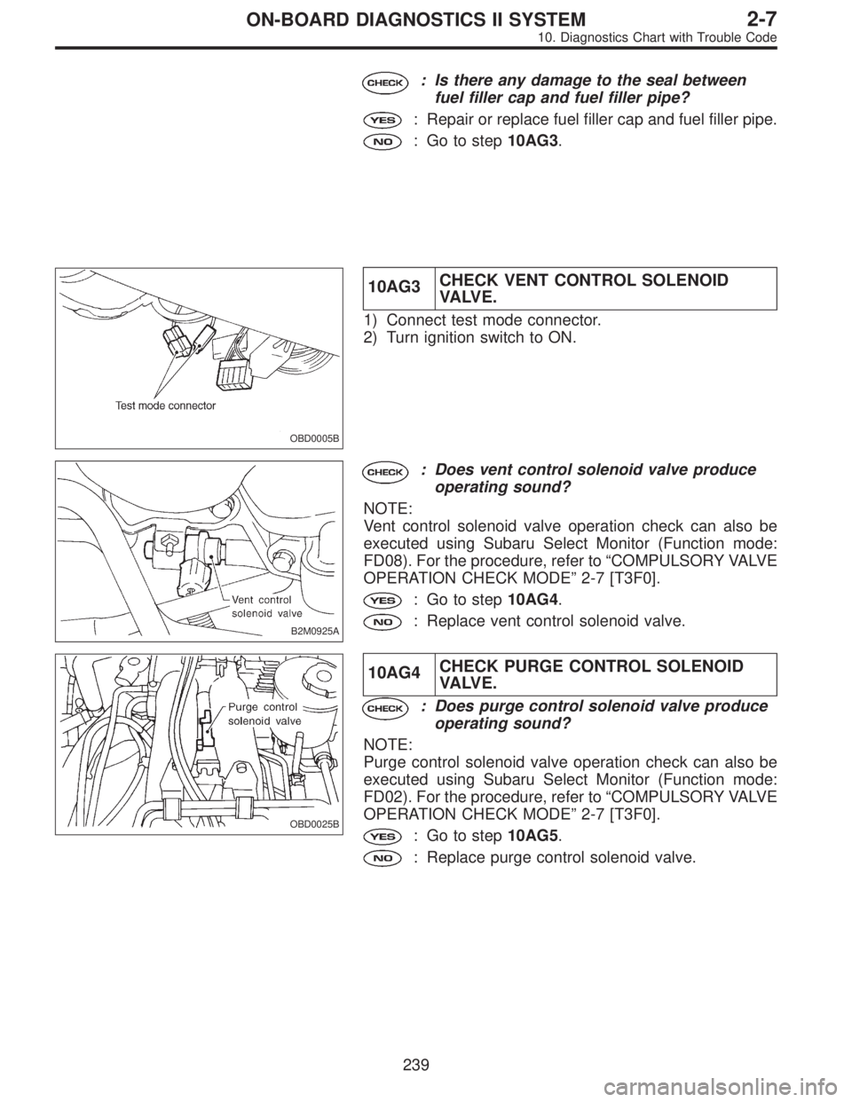 SUBARU LEGACY 1996  Service Repair Manual : Is there any damage to the seal between
fuel filler cap and fuel filler pipe?
: Repair or replace fuel filler cap and fuel filler pipe.
: Go to step10AG3.
OBD0005B
10AG3CHECK VENT CONTROL SOLENOID
V