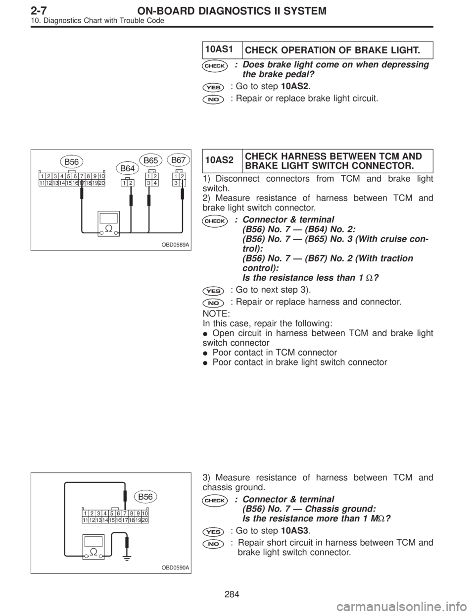SUBARU LEGACY 1996  Service Repair Manual 10AS1
CHECK OPERATION OF BRAKE LIGHT.
: Does brake light come on when depressing
the brake pedal?
: Go to step10AS2.
: Repair or replace brake light circuit.
OBD0589A
10AS2CHECK HARNESS BETWEEN TCM AN