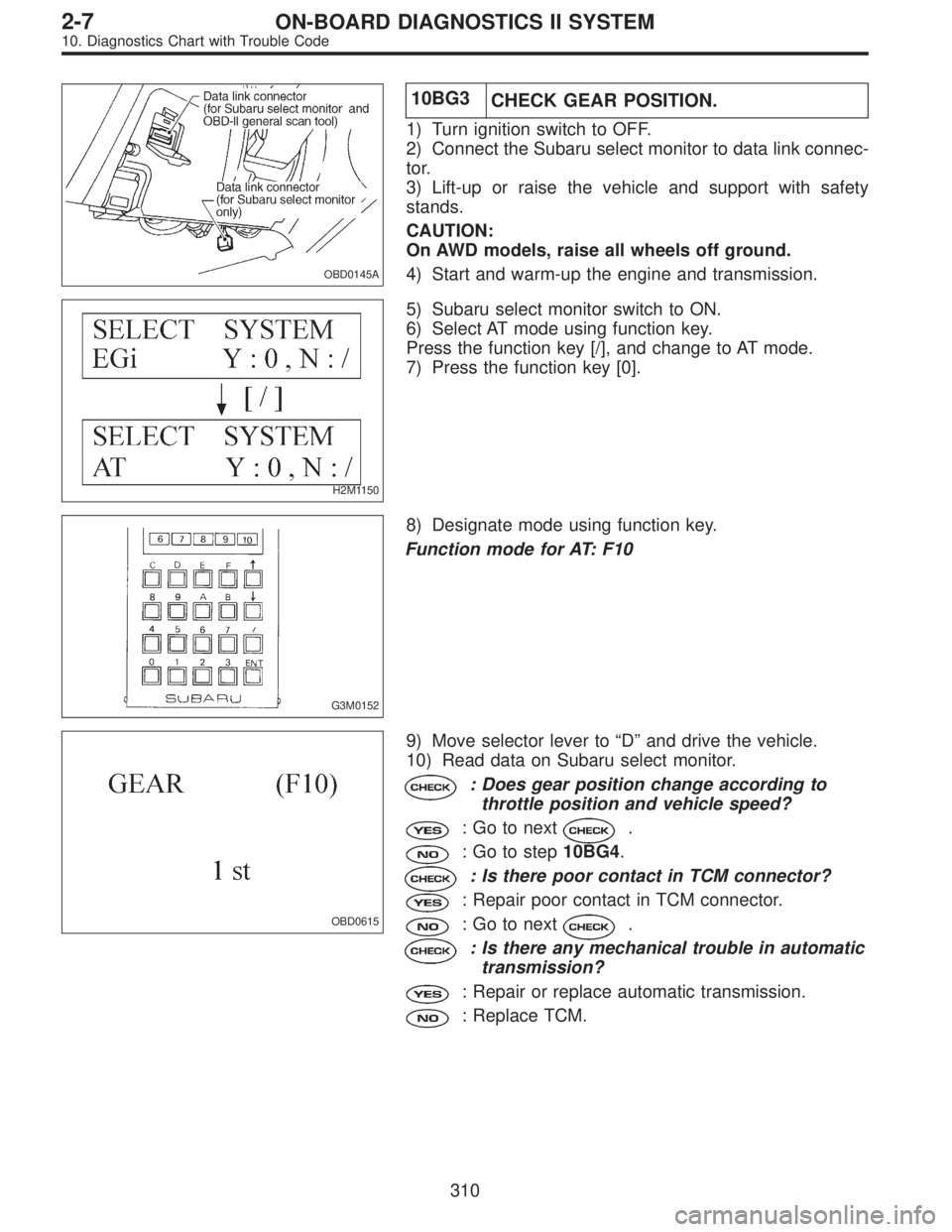 SUBARU LEGACY 1996  Service Repair Manual OBD0145A
10BG3
CHECK GEAR POSITION.
1) Turn ignition switch to OFF.
2) Connect the Subaru select monitor to data link connec-
tor.
3) Lift-up or raise the vehicle and support with safety
stands.
CAUTI