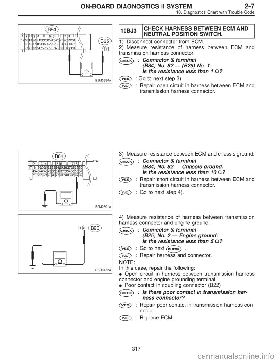 SUBARU LEGACY 1996  Service Repair Manual B2M0590A
10BJ3CHECK HARNESS BETWEEN ECM AND
NEUTRAL POSITION SWITCH.
1) Disconnect connector from ECM.
2) Measure resistance of harness between ECM and
transmission harness connector.
: Connector & te
