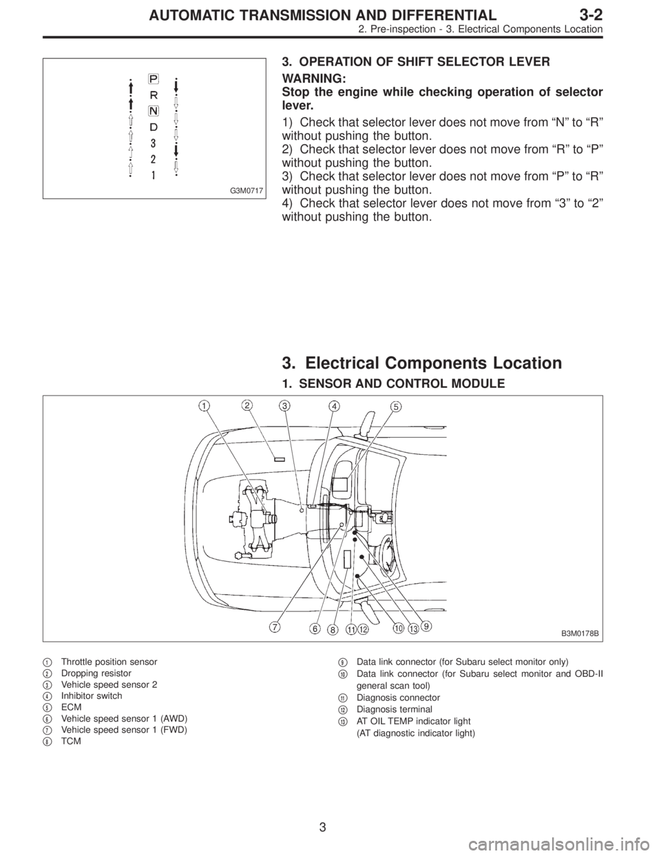 SUBARU LEGACY 1996  Service Repair Manual G3M0717
3. OPERATION OF SHIFT SELECTOR LEVER
WARNING:
Stop the engine while checking operation of selector
lever.
1) Check that selector lever does not move from“N”to“R”
without pushing the bu