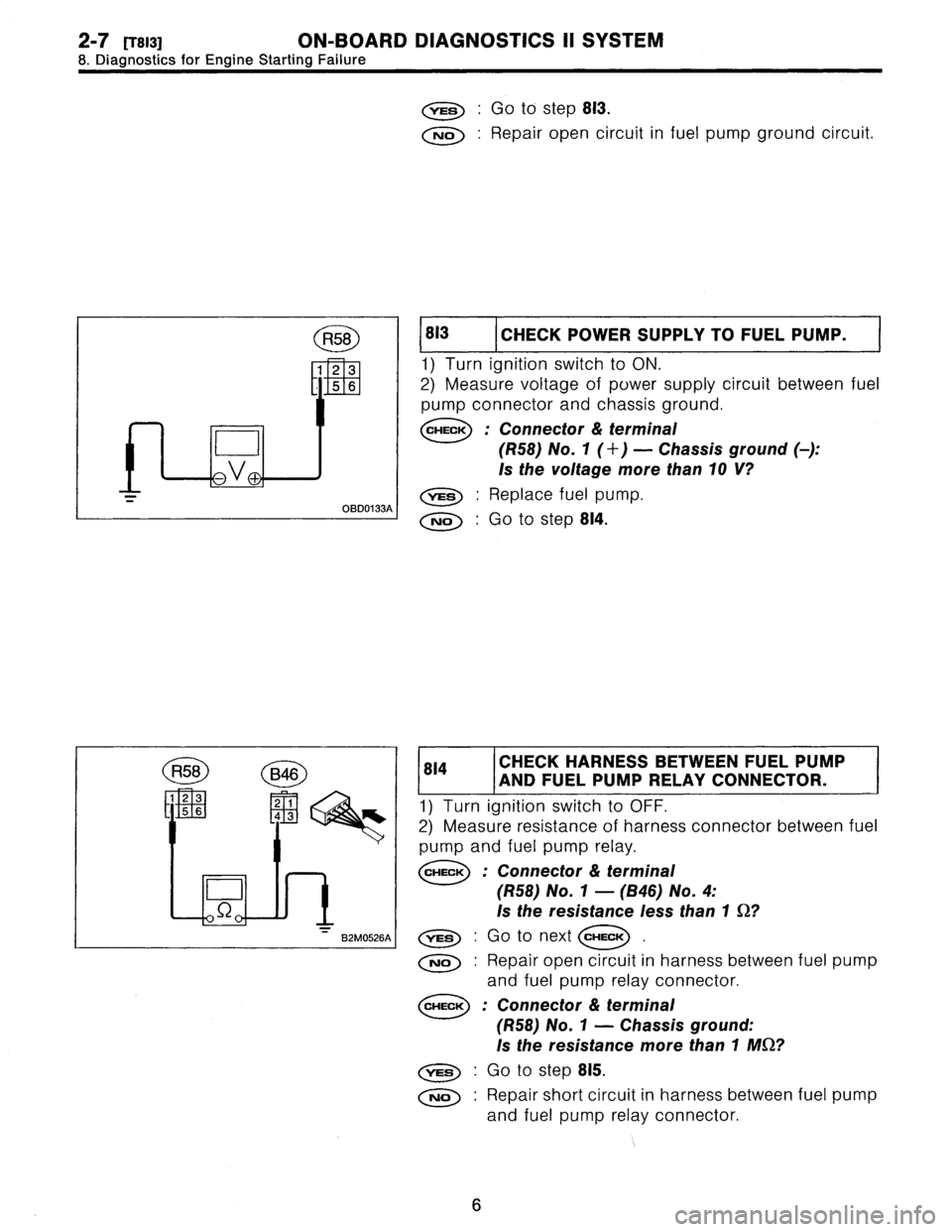 SUBARU LEGACY 1996  Service Repair Manual 2-7
trsi31
ON-BOARD
DIAGNOSTICS
II
SYSTEM

8
.
Diagnostics
for
Engine
Starting
Failure

R58
Bog

1
23
2
1
L

11

5
643

D

S2

B2M0526A

,rES
:
Go
to
step
813
.

No
:
Repair
open
circuit
in
fuel
pump
