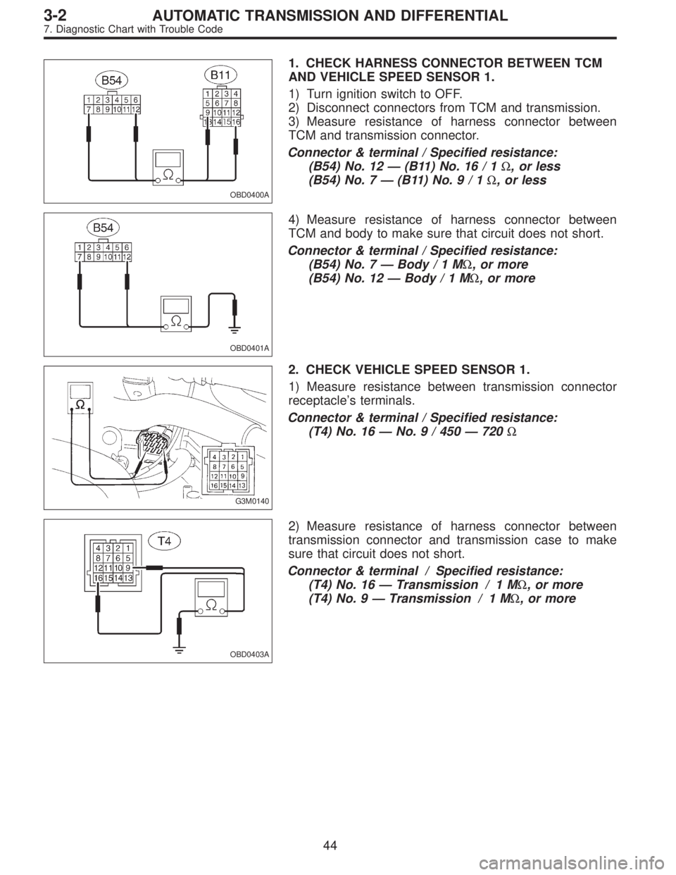 SUBARU LEGACY 1996  Service Repair Manual OBD0400A
1. CHECK HARNESS CONNECTOR BETWEEN TCM
AND VEHICLE SPEED SENSOR 1.
1) Turn ignition switch to OFF.
2) Disconnect connectors from TCM and transmission.
3) Measure resistance of harness connect