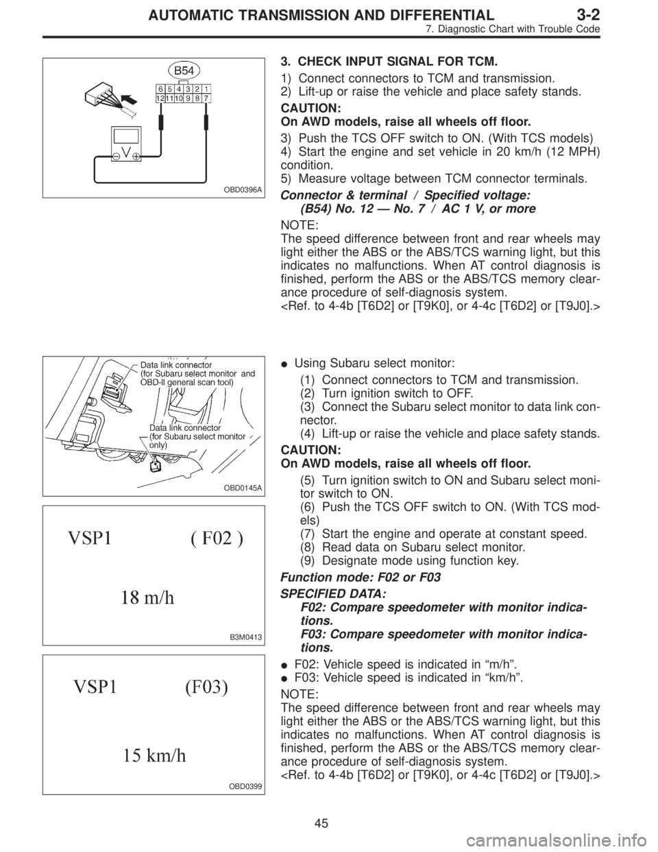 SUBARU LEGACY 1996  Service Repair Manual OBD0396A
3. CHECK INPUT SIGNAL FOR TCM.
1) Connect connectors to TCM and transmission.
2) Lift-up or raise the vehicle and place safety stands.
CAUTION:
On AWD models, raise all wheels off floor.
3) P