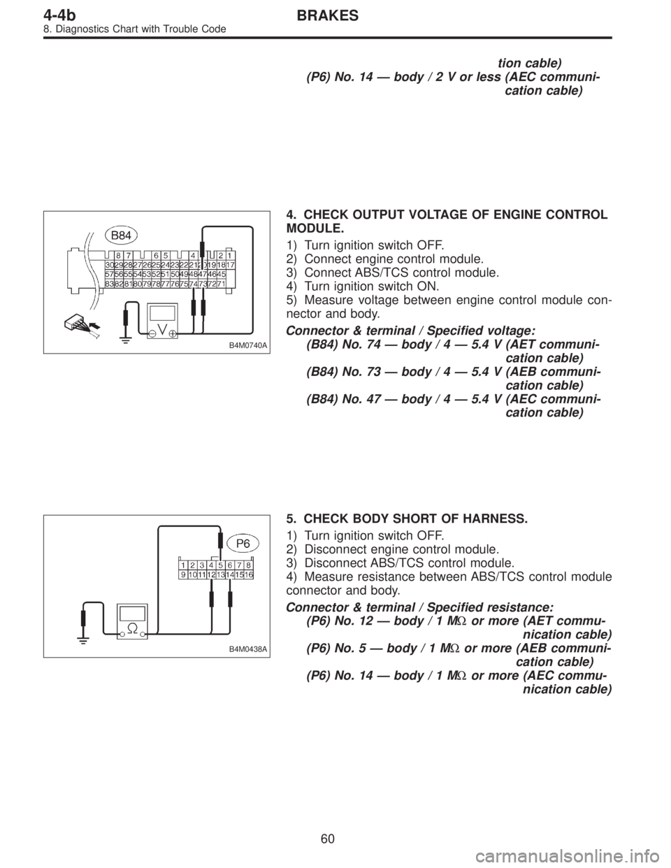 SUBARU LEGACY 1996  Service Repair Manual tion cable)
(P6) No. 14—body/2Vorless (AEC communi-
cation cable)
B4M0740A
4. CHECK OUTPUT VOLTAGE OF ENGINE CONTROL
MODULE.
1) Turn ignition switch OFF.
2) Connect engine control module.
3) Connect