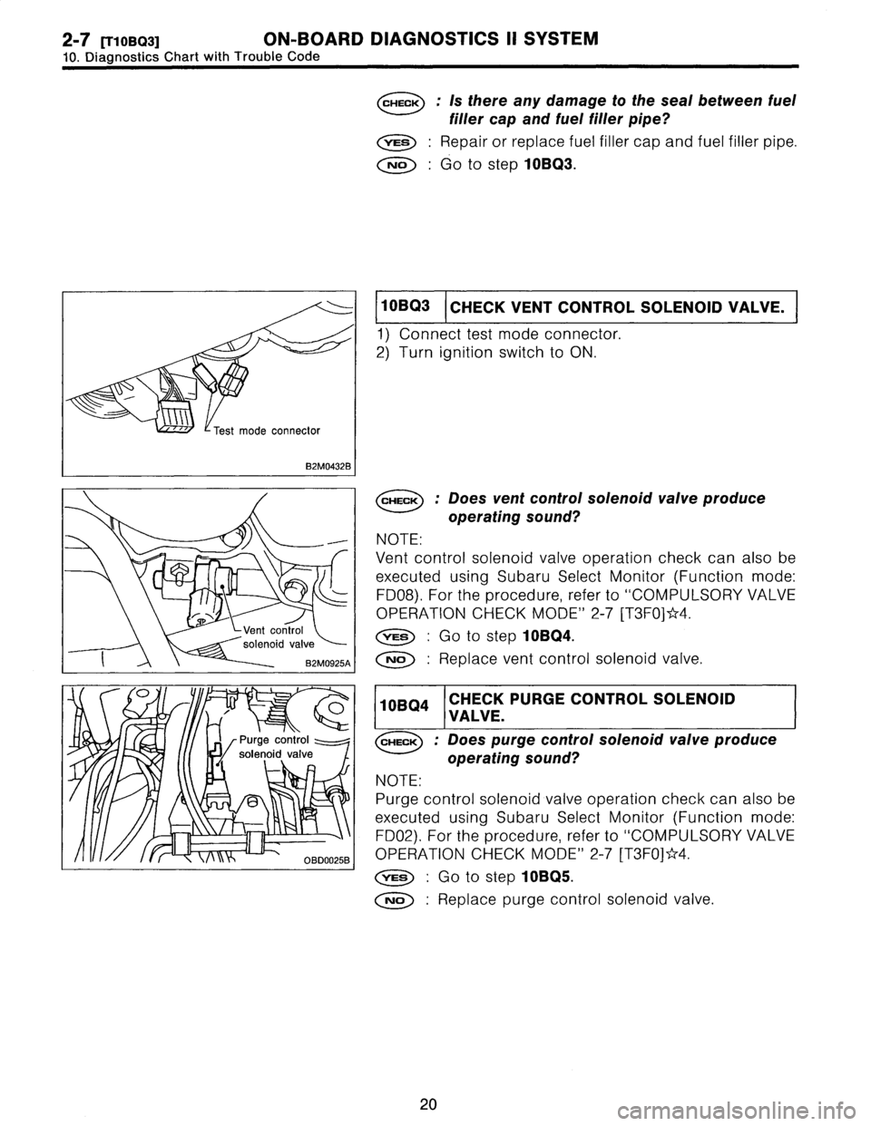 SUBARU LEGACY 1996  Service Repair Manual 
2-7
RyoBOS1
ON-BOARD
DIAGNOSTICS
II
SYSTEM

10
.
Diagnostics
Chart
with
Trouble
Code

J

-Test
mode
connector

B2M0432B

--

Vent
control
solenoid
valve

82M0925A

o

Pur
e
control
z----_
11
r
1
4
,1