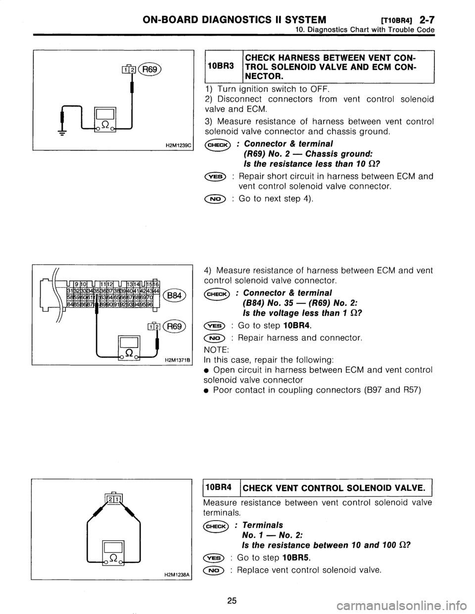 SUBARU LEGACY 1996  Service Repair Manual 
ON-BOARD
DIAGNOSTICS
II
SYSTEM
[TIoBRai
2-7
10
.
Diagnostics
Chart
with
Trouble
Code

1
z
R69

L
E

H2M
1239C

SL

H2M1238A
I

CHECK
HARNESSBETWEEN
VENT
CON-
10BR3
TROL
SOLENOID
VALVE
ANDECM
CON-

NE