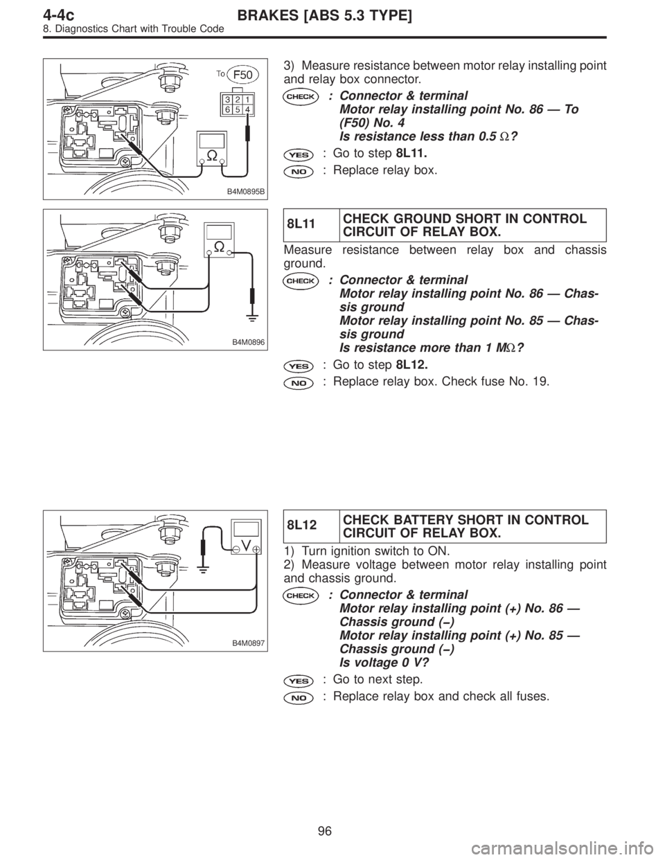 SUBARU LEGACY 1996 Service Repair Manual B4M0895B
3) Measure resistance between motor relay installing point
and relay box connector.
: Connector & terminal
Motor relay installing point No. 86—To
(F50) No. 4
Is resistance less than 0.5Ω? SUBARU LEGACY 1996 Service Repair Manual B4M0895B
3) Measure resistance between motor relay installing point
and relay box connector.
: Connector & terminal
Motor relay installing point No. 86—To
(F50) No. 4
Is resistance less than 0.5Ω?