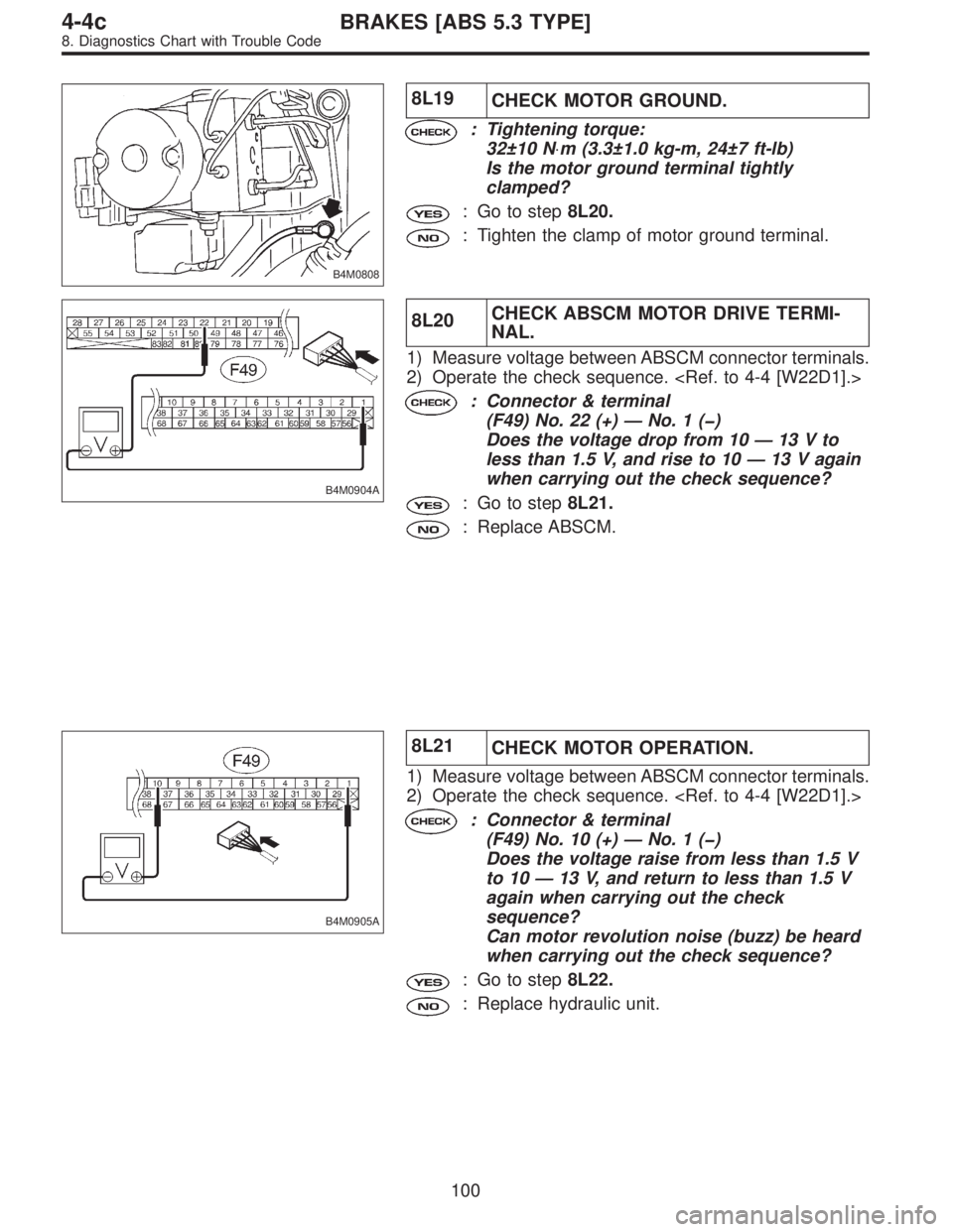 SUBARU LEGACY 1996 Service Repair Manual B4M0808
8L19
CHECK MOTOR GROUND.
: Tightening torque:
32±10 N⋅m (3.3±1.0 kg-m, 24±7 ft-lb)
Is the motor ground terminal tightly
clamped?
: Go to step8L20.
: Tighten the clamp of motor ground term SUBARU LEGACY 1996 Service Repair Manual B4M0808
8L19
CHECK MOTOR GROUND.
: Tightening torque:
32±10 N⋅m (3.3±1.0 kg-m, 24±7 ft-lb)
Is the motor ground terminal tightly
clamped?
: Go to step8L20.
: Tighten the clamp of motor ground term