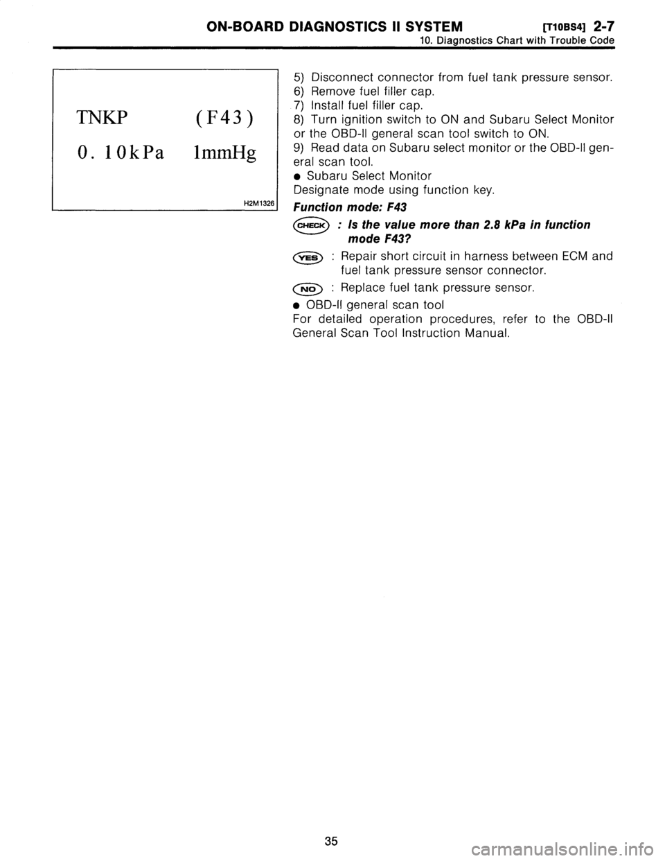 SUBARU LEGACY 1996  Service Repair Manual 
ON-BOARD
DIAGNOSTICS
II
SYSTEM
[TloBSa1
2-7
10
.
DiagnosticsChart
with
Trouble
Code

TNKP
(F43)

0
.
10
k
P
a
1
mmHg

H2M1326

5)
Disconnect
connector
from
fuel
tank
pressure
sensor
.

6)
Remove
fuel