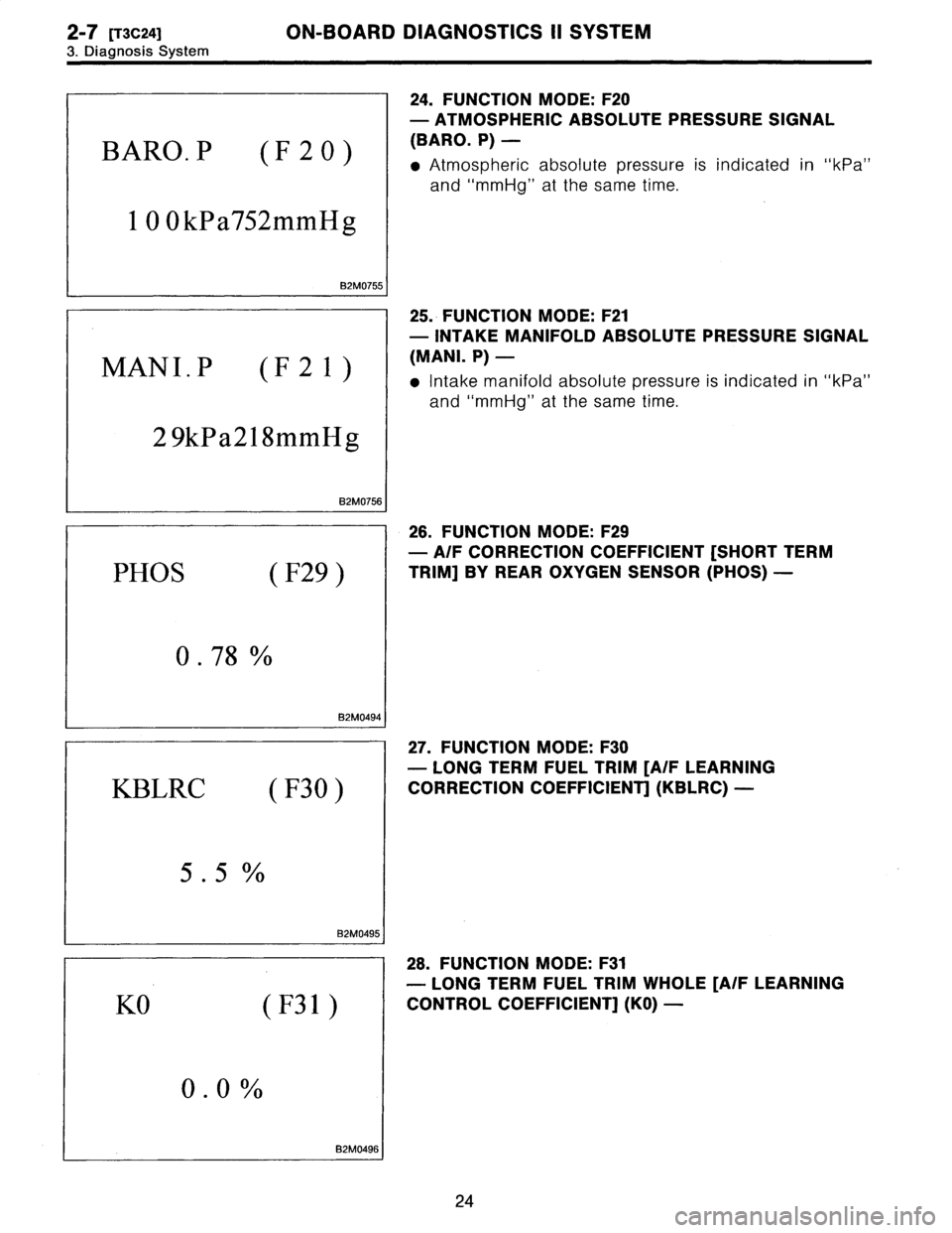 SUBARU LEGACY 1996  Service Owners Guide 
2-7
[T3C24]
ON-BOARD
DIAGNOSTICS
II
SYSTEM

3
.
Diagnosis
System

BARO
.P
(F20)

1
0
OkPa752mmHg

82M0755

MAN
I
.
P
(F21)

2
9kPa218mmHg

82M0756

PHOS
(
F29
)

0
.78

B2M0494

KBLRC
(F30)

5
.5

B2