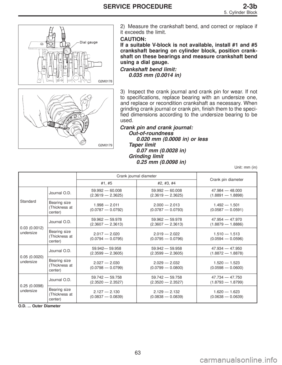 SUBARU LEGACY 1996  Service Repair Manual G2M0178
2) Measure the crankshaft bend, and correct or replace if
it exceeds the limit.
CAUTION:
If a suitable V-block is not available, install #1 and #5
crankshaft bearing on cylinder block, positio