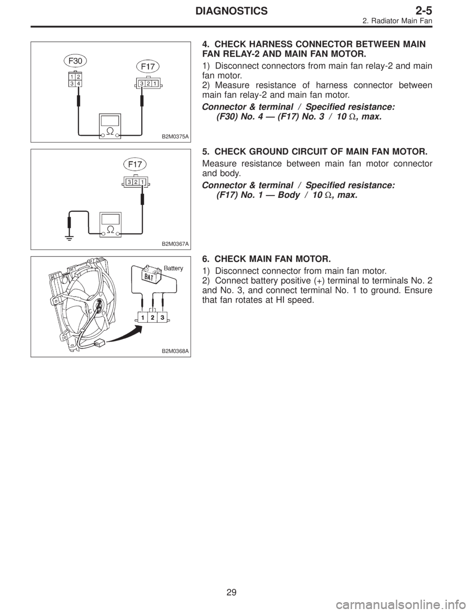 SUBARU LEGACY 1996  Service Repair Manual B2M0375A
4. CHECK HARNESS CONNECTOR BETWEEN MAIN
FAN RELAY-2 AND MAIN FAN MOTOR.
1) Disconnect connectors from main fan relay-2 and main
fan motor.
2) Measure resistance of harness connector between
m