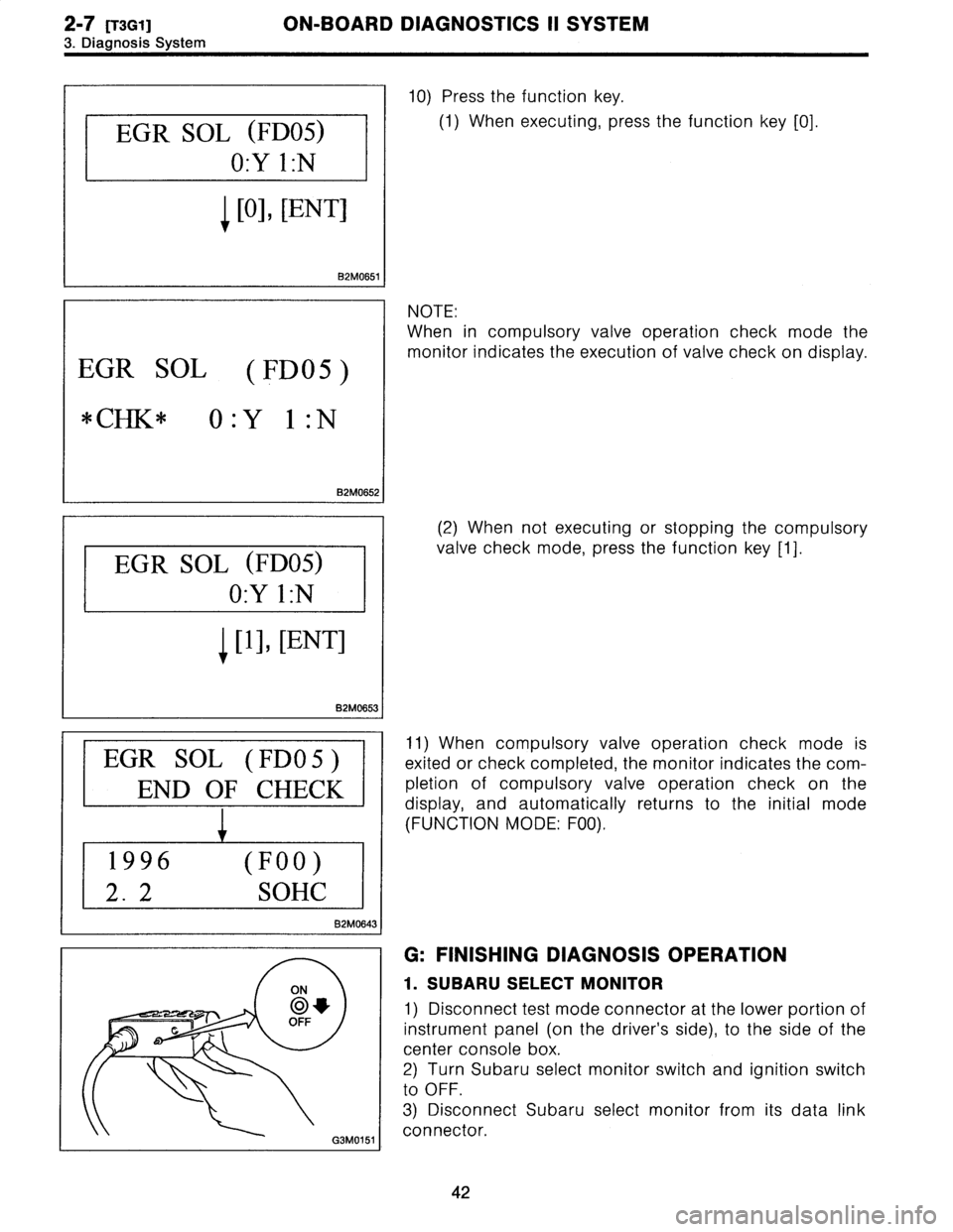 SUBARU LEGACY 1996  Service Workshop Manual 2-7
[T3G1]
ON-BOARD
DIAGNOSTICS
II
SYSTEM

3
.
Diagnosis
System

EGR
SOL
(FDOS)

OX
IN

1
[0],
[ENT]

BMW
I

EGR
SOL
(FDOS)

*CHK*
O
:Y
1
:N

82M0652

EGR
SOL
(FDOS)

OX
1N

1
[1],
[ENT]

82M0653
I

E