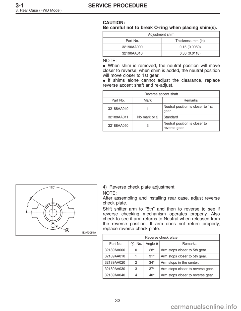 SUBARU LEGACY 1996  Service Repair Manual CAUTION:
Be careful not to break O-ring when placing shim(s).
Adjustment shim
Part No. Thickness mm (in)
32190AA000 0.15 (0.0059)
32190AA010 0.30 (0.0118)
NOTE:
When shim is removed, the neutral posi