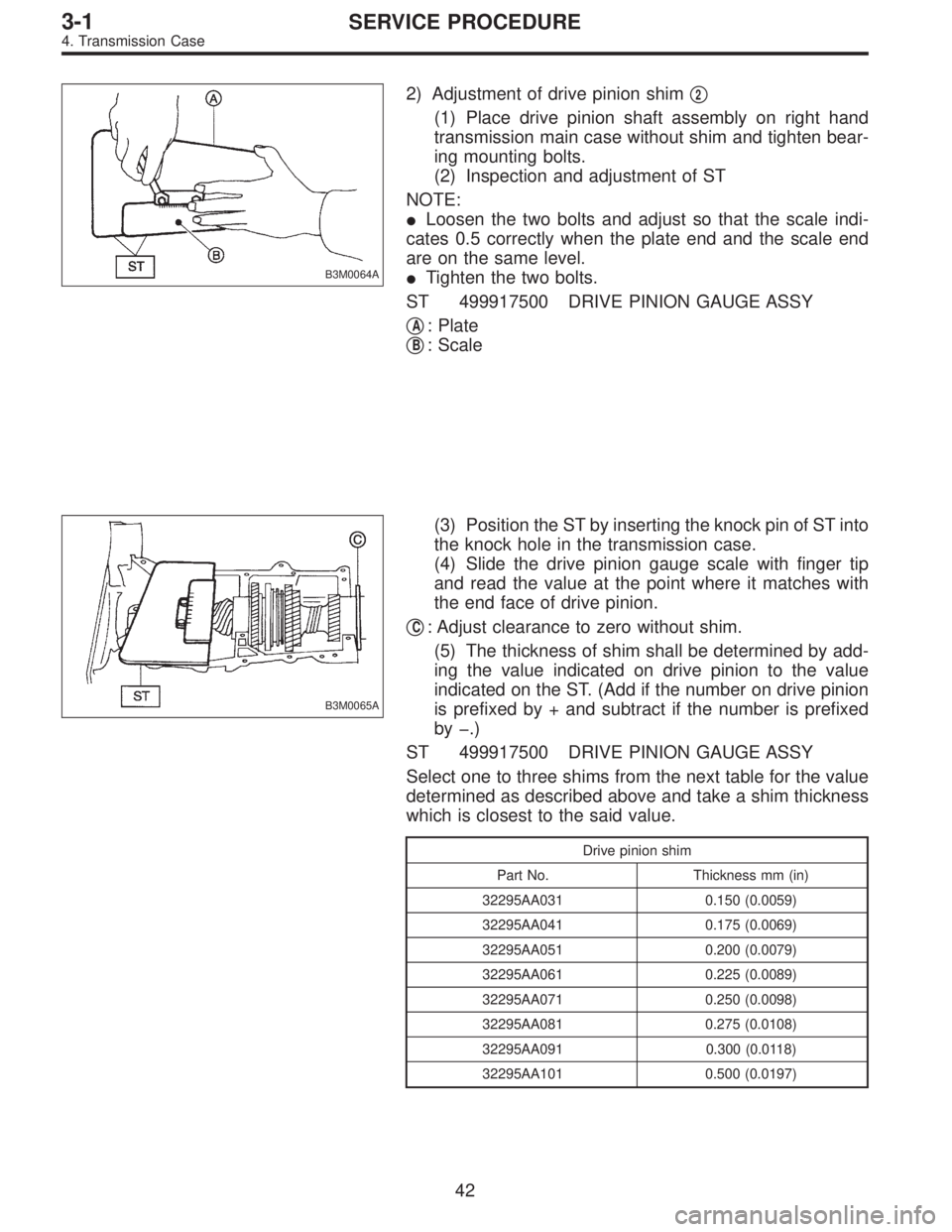 SUBARU LEGACY 1996  Service Repair Manual B3M0064A
2) Adjustment of drive pinion shim2
(1) Place drive pinion shaft assembly on right hand
transmission main case without shim and tighten bear-
ing mounting bolts.
(2) Inspection and adjustmen