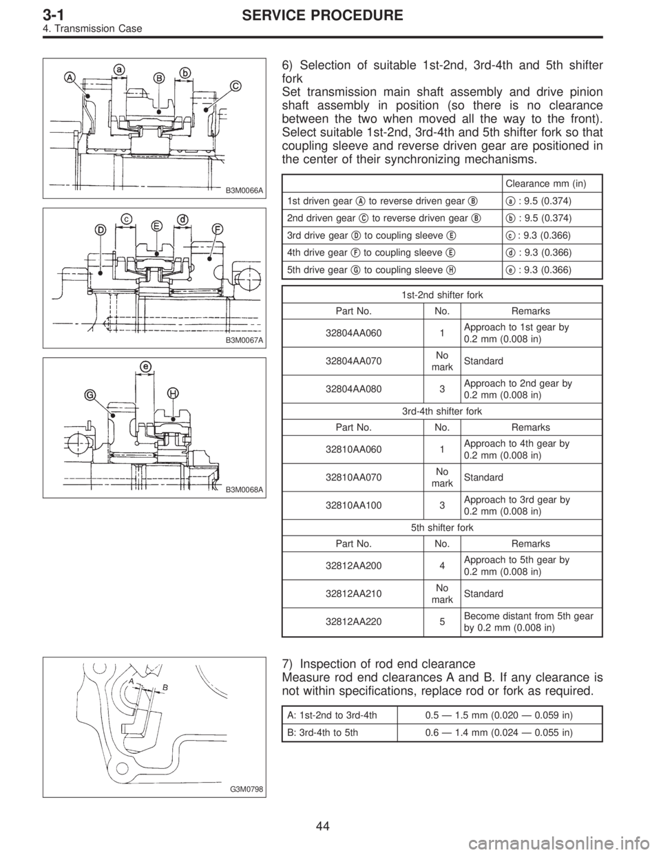SUBARU LEGACY 1996  Service Repair Manual B3M0066A
B3M0067A
B3M0068A
6) Selection of suitable 1st-2nd, 3rd-4th and 5th shifter
fork
Set transmission main shaft assembly and drive pinion
shaft assembly in position (so there is no clearance
bet