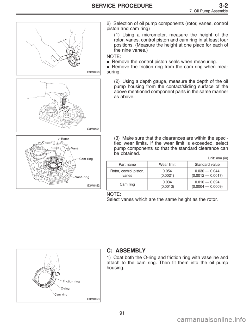SUBARU LEGACY 1996 Service Repair Manual G3M0450
2) Selection of oil pump components (rotor, vanes, control
piston and cam ring)
(1) Using a micrometer, measure the height of the
rotor, vanes, control piston and cam ring in at least four
pos SUBARU LEGACY 1996 Service Repair Manual G3M0450
2) Selection of oil pump components (rotor, vanes, control
piston and cam ring)
(1) Using a micrometer, measure the height of the
rotor, vanes, control piston and cam ring in at least four
pos