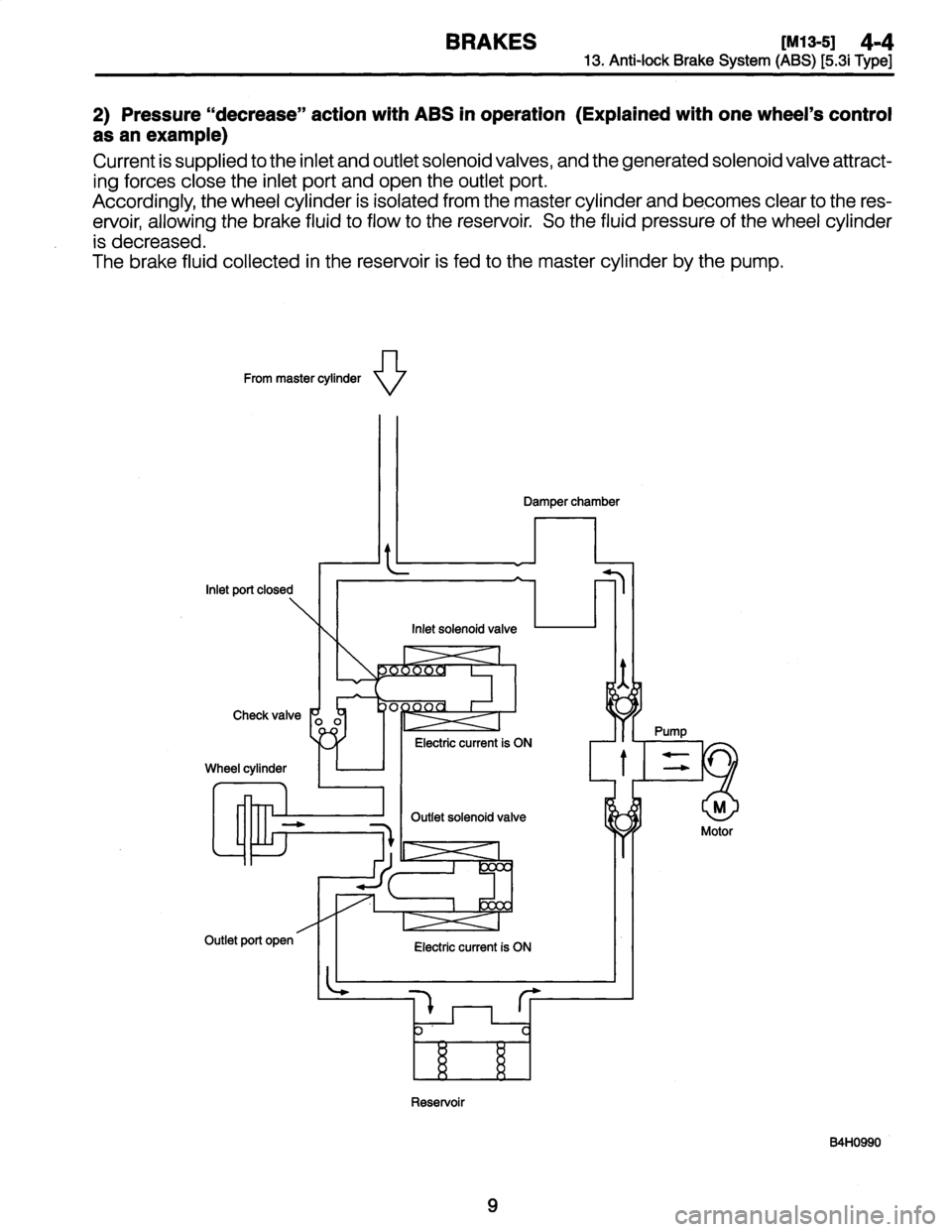 SUBARU LEGACY 1997  Service Repair Manual 
BRAKES
[M13-5]
4-413
.
Anti-lock
Brake
System
(ABS)
[5
.3i
Type]

2)
Pressure
"decrease"
action
with
ABS
in
operation(Explained
with
one
wheels
control

as
anexample)

Current
is
supplied
to
the
inl