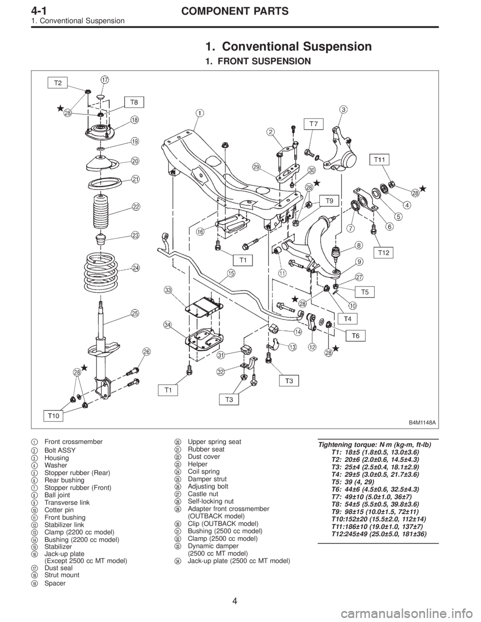 SUBARU LEGACY 1997  Service Repair Manual 1. Conventional Suspension
1. FRONT SUSPENSION
B4M1148A
1Front crossmember

2Bolt ASSY
3Housing
4Washer
5Stopper rubber (Rear)
6Rear bushing
7Stopper rubber (Front)
8Ball joint
9Transverse li