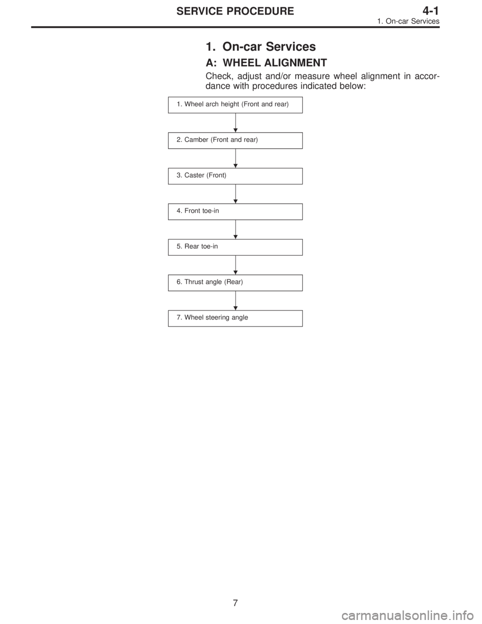 SUBARU LEGACY 1997  Service Repair Manual 1. On-car Services
A: WHEEL ALIGNMENT
Check, adjust and/or measure wheel alignment in accor-
dance with procedures indicated below:
1. Wheel arch height (Front and rear)
2. Camber (Front and rear)
3. 