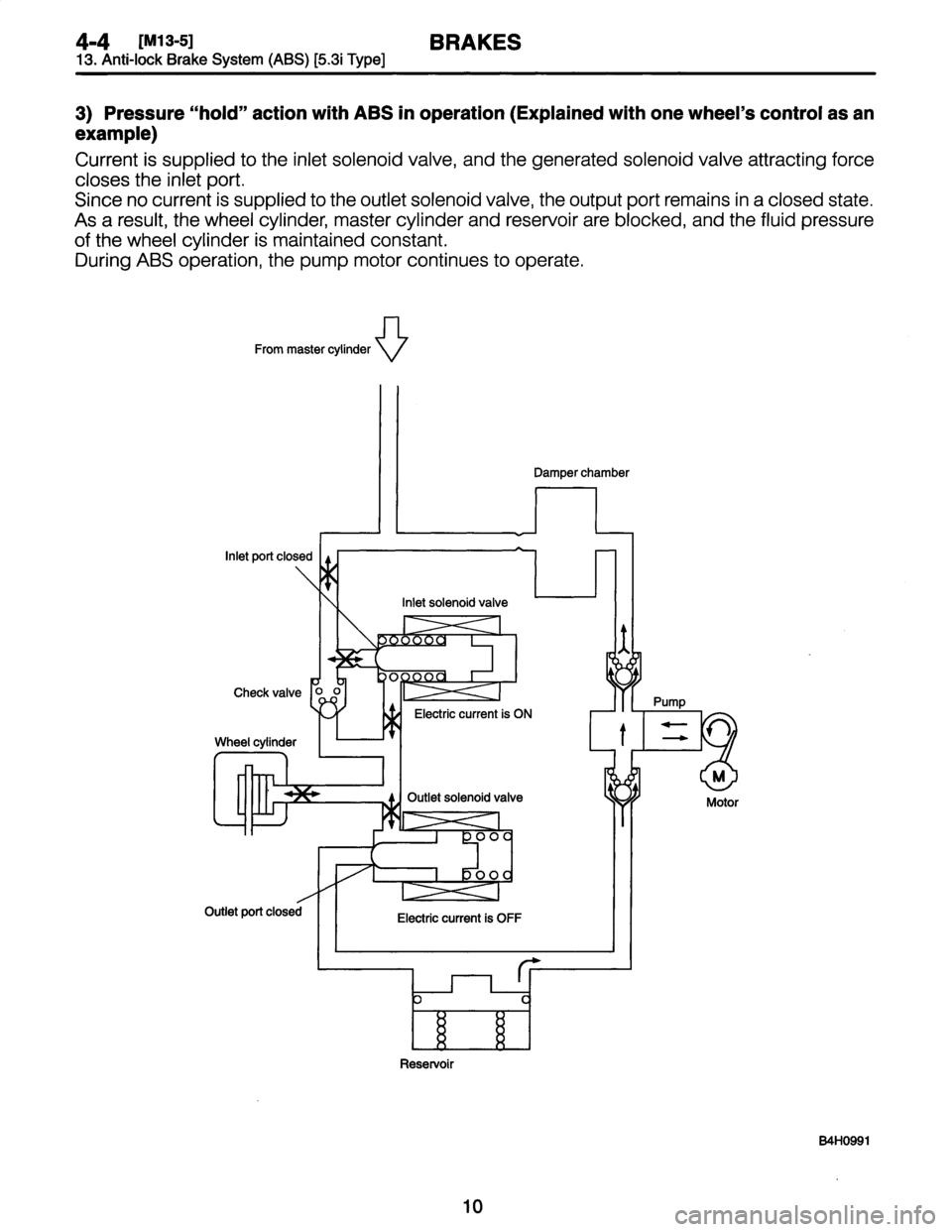 SUBARU LEGACY 1997  Service Repair Manual 
4-4
IM13-5]
BRAKES
13
.
Anti-lock
Brake
System
(ABS)
[5
.3i
Type]

3)
Pressure
"hold"
action
with
ABS
in
operation
(Explained
with
one
wheels
control
asan

example)

Current
is
supplied
to
the
inlet