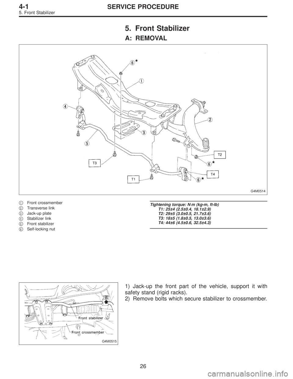 SUBARU LEGACY 1997  Service Repair Manual 5. Front Stabilizer
A: REMOVAL
G4M0514
1Front crossmember

2Transverse link

3Jack-up plate

4Stabilizer link

5Front stabilizer

6Self-locking nut
Tightening torque: N⋅m (kg-m, ft-lb)
T1: 25