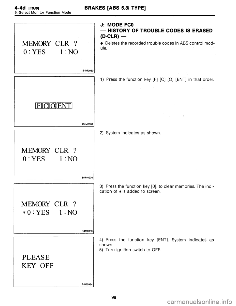 SUBARU LEGACY 1997  Service Repair Manual 
4-4d
[TSJoI
BRAKES
[ABS
5
.31
TYPE]

9
.
Select
Monitor
Function
Mode

MEMORY
C
LR
?

0
:
YES
1
:N0

B4M0930

OF
OC~O
ENT

84M0931
I

MEMORY
C
LR
?

0
:
YES
1
:
NO

B4M0930

MEMORY
C
LR
?

*O
:YES
1
