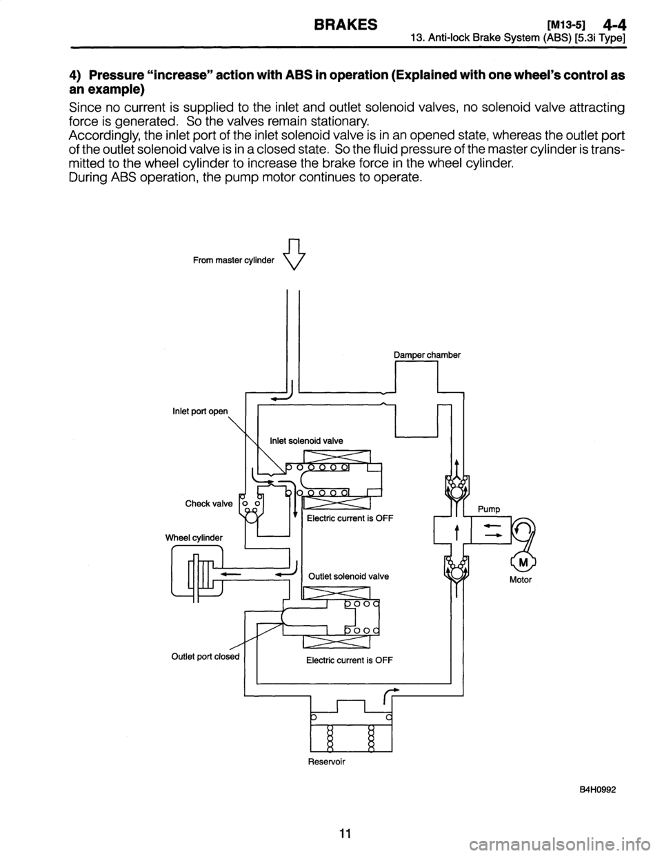 SUBARU LEGACY 1997  Service Repair Manual 
BRAKES
[M13-5]
4-4
13
.
Anti-lock
Brake
System
(ABS)
[5
.3i
Type]

4)
Pressure
"increase"
action
with
ABS
in
operation(Explained
with
one
wheels
control
as
anexample)

Since
no
current
is
supplied
t