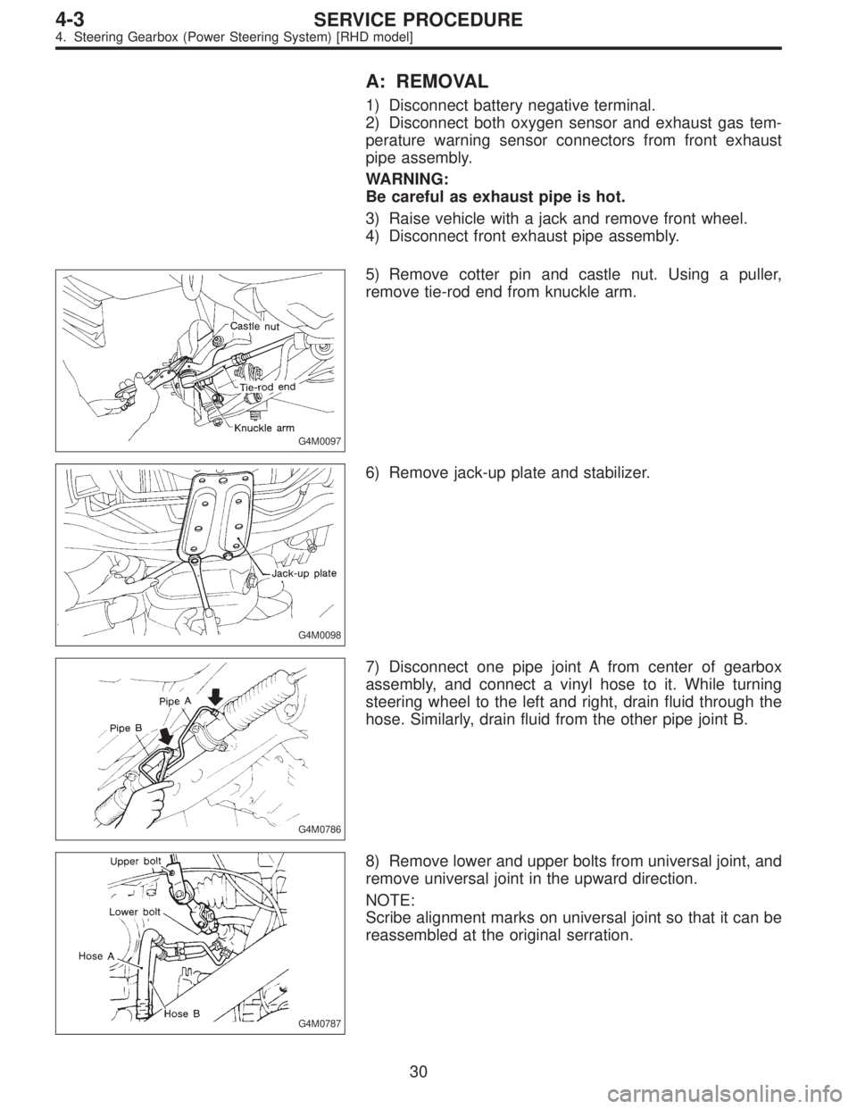 SUBARU LEGACY 1997  Service Repair Manual A: REMOVAL
1) Disconnect battery negative terminal.
2) Disconnect both oxygen sensor and exhaust gas tem-
perature warning sensor connectors from front exhaust
pipe assembly.
WARNING:
Be careful as ex