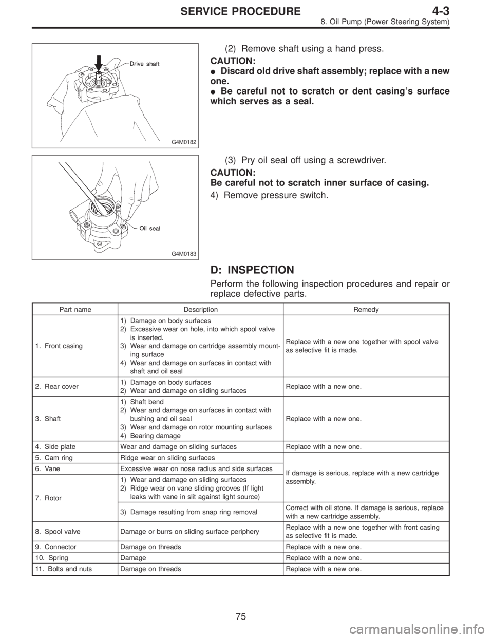 SUBARU LEGACY 1997  Service Repair Manual G4M0182
(2) Remove shaft using a hand press.
CAUTION:
Discard old drive shaft assembly; replace with a new
one.
Be careful not to scratch or dent casing’s surface
which serves as a seal.
G4M0183
(