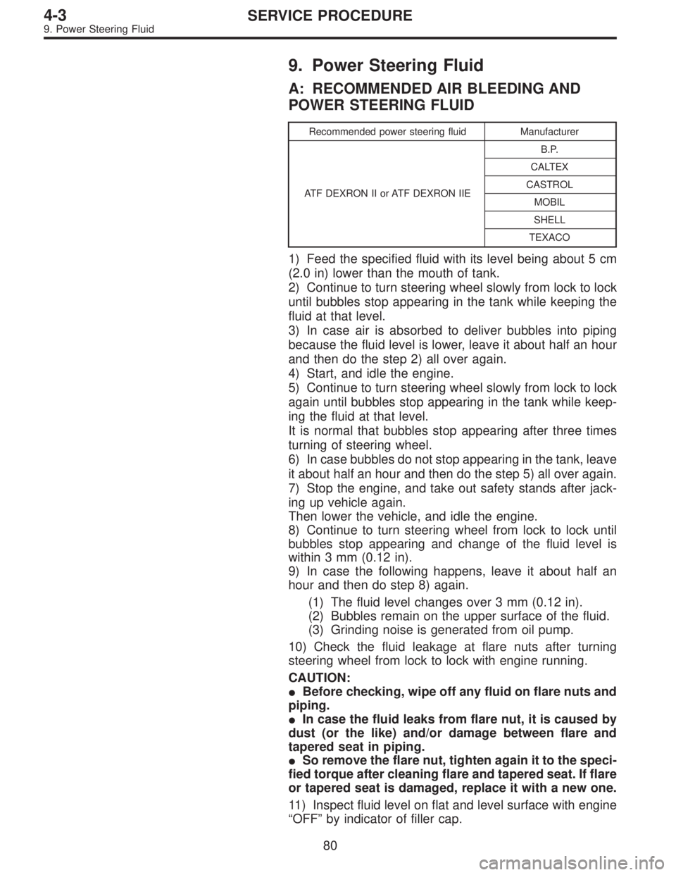 SUBARU LEGACY 1997  Service Repair Manual 9. Power Steering Fluid
A: RECOMMENDED AIR BLEEDING AND
POWER STEERING FLUID
Recommended power steering fluid Manufacturer
ATF DEXRON II or ATF DEXRON IIEB.P.
CALTEX
CASTROL
MOBIL
SHELL
TEXACO
1) Feed
