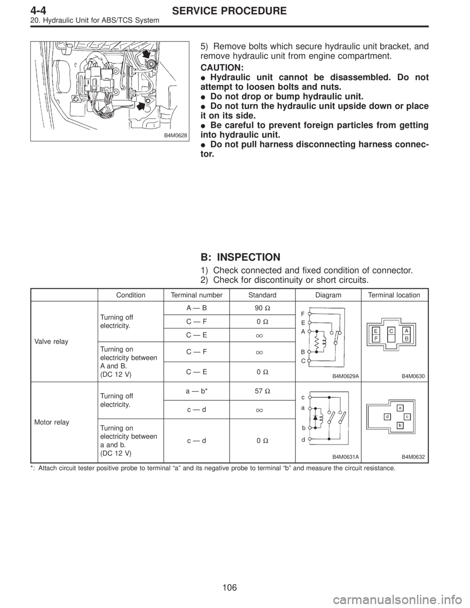 SUBARU LEGACY 1997  Service Repair Manual B4M0628
5) Remove bolts which secure hydraulic unit bracket, and
remove hydraulic unit from engine compartment.
CAUTION:
Hydraulic unit cannot be disassembled. Do not
attempt to loosen bolts and nuts