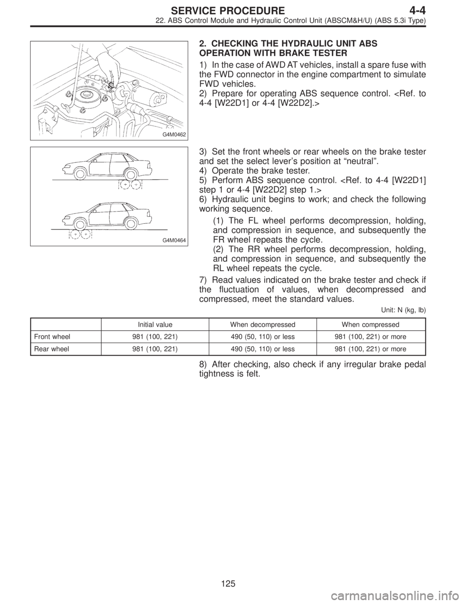 SUBARU LEGACY 1997  Service Repair Manual G4M0462
2. CHECKING THE HYDRAULIC UNIT ABS
OPERATION WITH BRAKE TESTER
1) In the case of AWD AT vehicles, install a spare fuse with
the FWD connector in the engine compartment to simulate
FWD vehicles