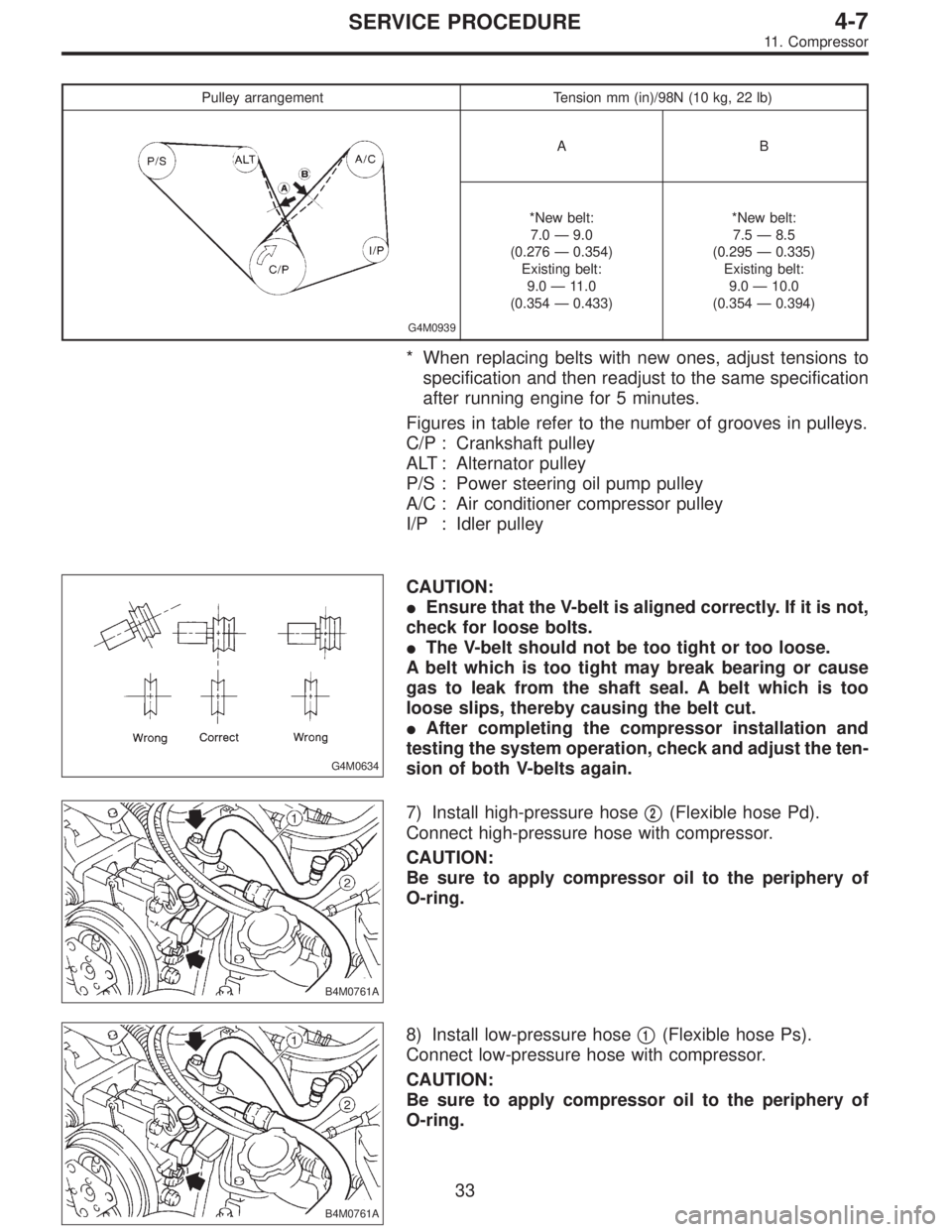 SUBARU LEGACY 1997  Service Repair Manual Pulley arrangement Tension mm (in)/98N (10 kg, 22 lb)
G4M0939
AB
*New belt:
7.0—9.0
(0.276—0.354)
Existing belt:
9.0—11.0
(0.354—0.433)*New belt:
7.5—8.5
(0.295—0.335)
Existing belt:
9.0