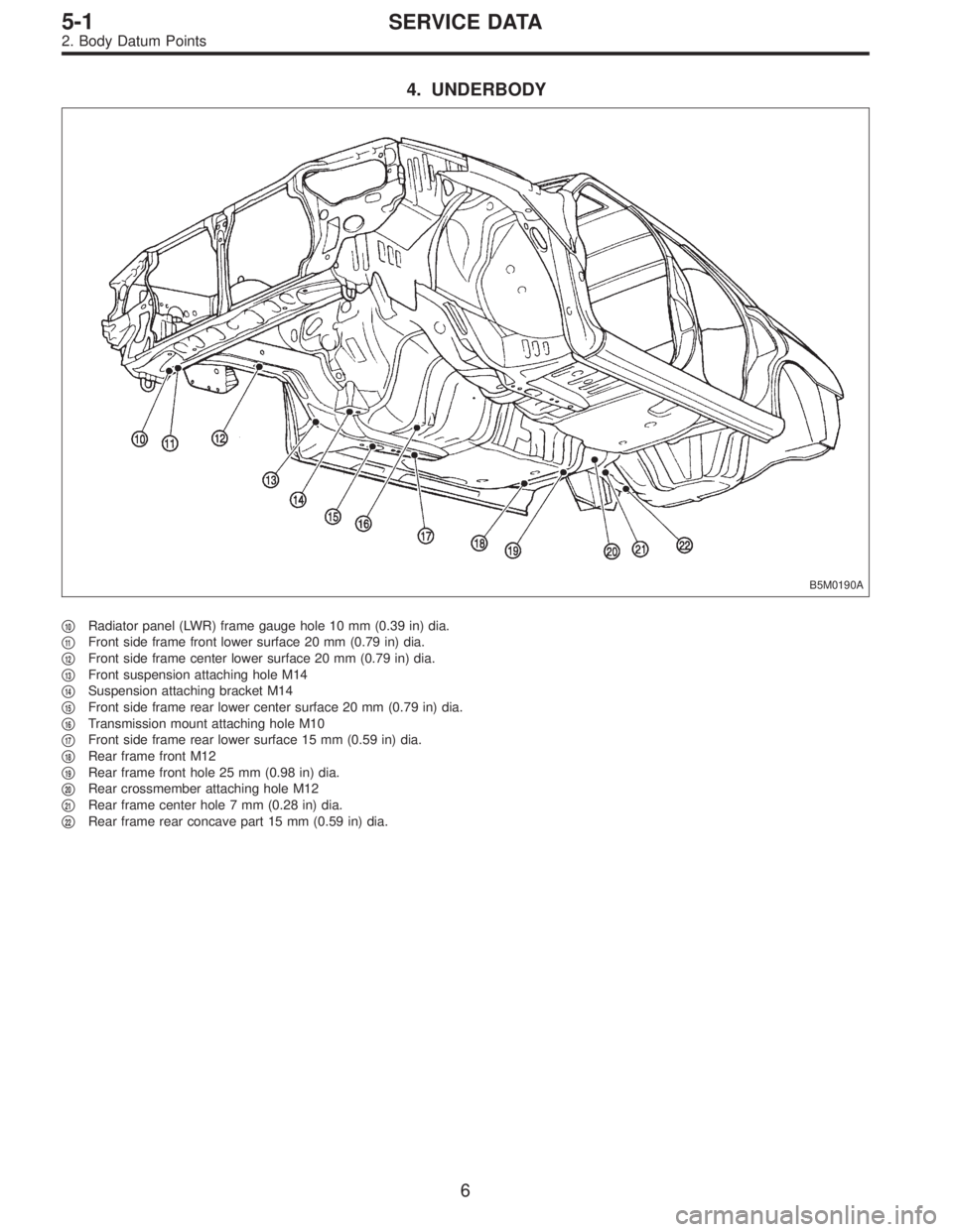 SUBARU LEGACY 1997  Service Repair Manual 4. UNDERBODY
B5M0190A
10Radiator panel (LWR) frame gauge hole 10 mm (0.39 in) dia.

11Front side frame front lower surface 20 mm (0.79 in) dia.

12Front side frame center lower surface 20 mm (0.79 