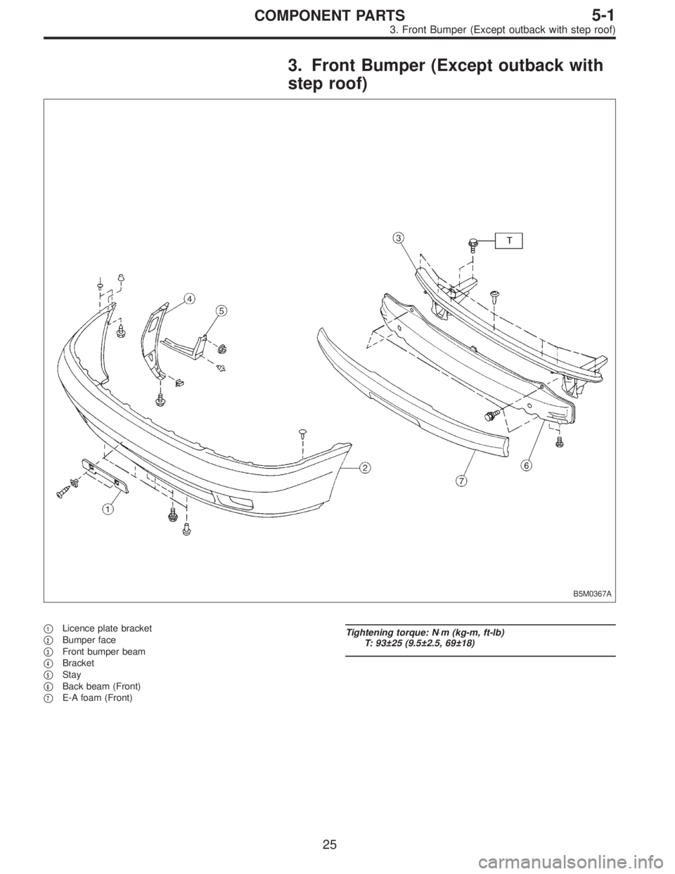 SUBARU LEGACY 1997  Service Repair Manual 3. Front Bumper (Except outback with
step roof)
B5M0367A
1Licence plate bracket

2Bumper face

3Front bumper beam

4Bracket

5Stay

6Back beam (Front)

7E-A foam (Front)
Tightening torque: N⋅