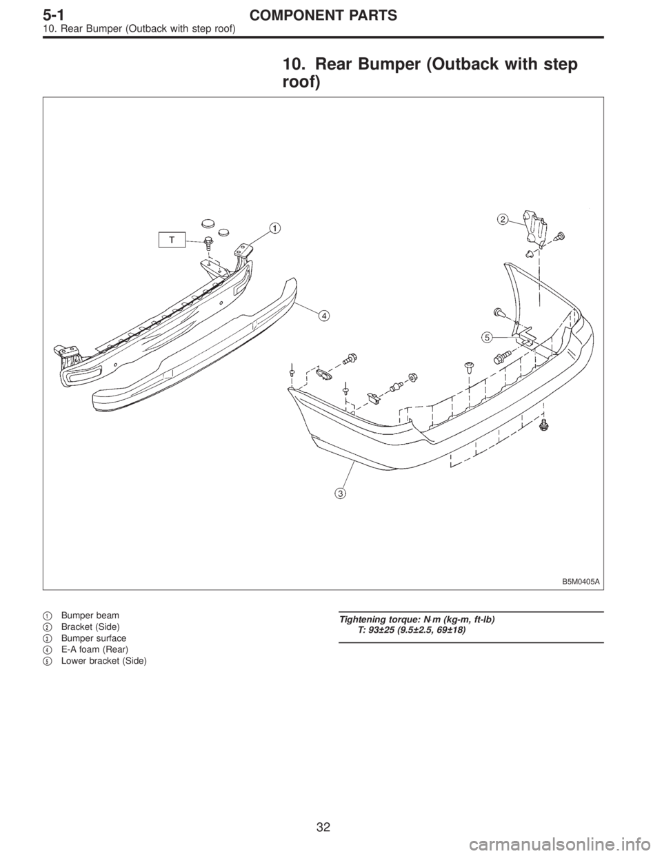 SUBARU LEGACY 1997  Service Repair Manual 10. Rear Bumper (Outback with step
roof)
B5M0405A
1Bumper beam

2Bracket (Side)

3Bumper surface

4E-A foam (Rear)

5Lower bracket (Side)
Tightening torque: N⋅m (kg-m, ft-lb)
T: 93±25 (9.5±2.