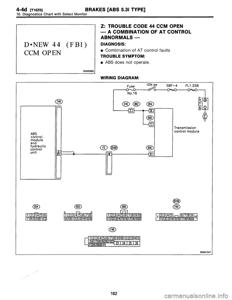 SUBARU LEGACY 1997  Service Repair Manual 
4-4d
[T1
0Z0]
BRAKES
[ABS
5
.31
TYPE]

10
.
Diagnostics
Chart
with
Select
Monitor

D
"
NEW
44
(FBI)

CCM
OPEN

B4M0965

Z
:
TROUBLE
CODE
44
CCM
OPEN

-
A
COMBINATIONOF
AT
CONTROL

ABNORMALS
-

DI