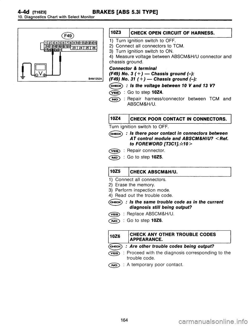SUBARU LEGACY 1997  Service Repair Manual 
4-4d
[T1oza1
BRAKES
[ABS
5
.31
TYPE]

10
.
Diagnostics
Chart
withSelect
Monitor

I
10Z3
I
CHECK
OPEN
CIRCUIT
OF
HARNESS
.I

1)
Turn
ignition
switch
to
OFF
.

2)
Connect
all
connectors
to
TCM
.

3)
Tu