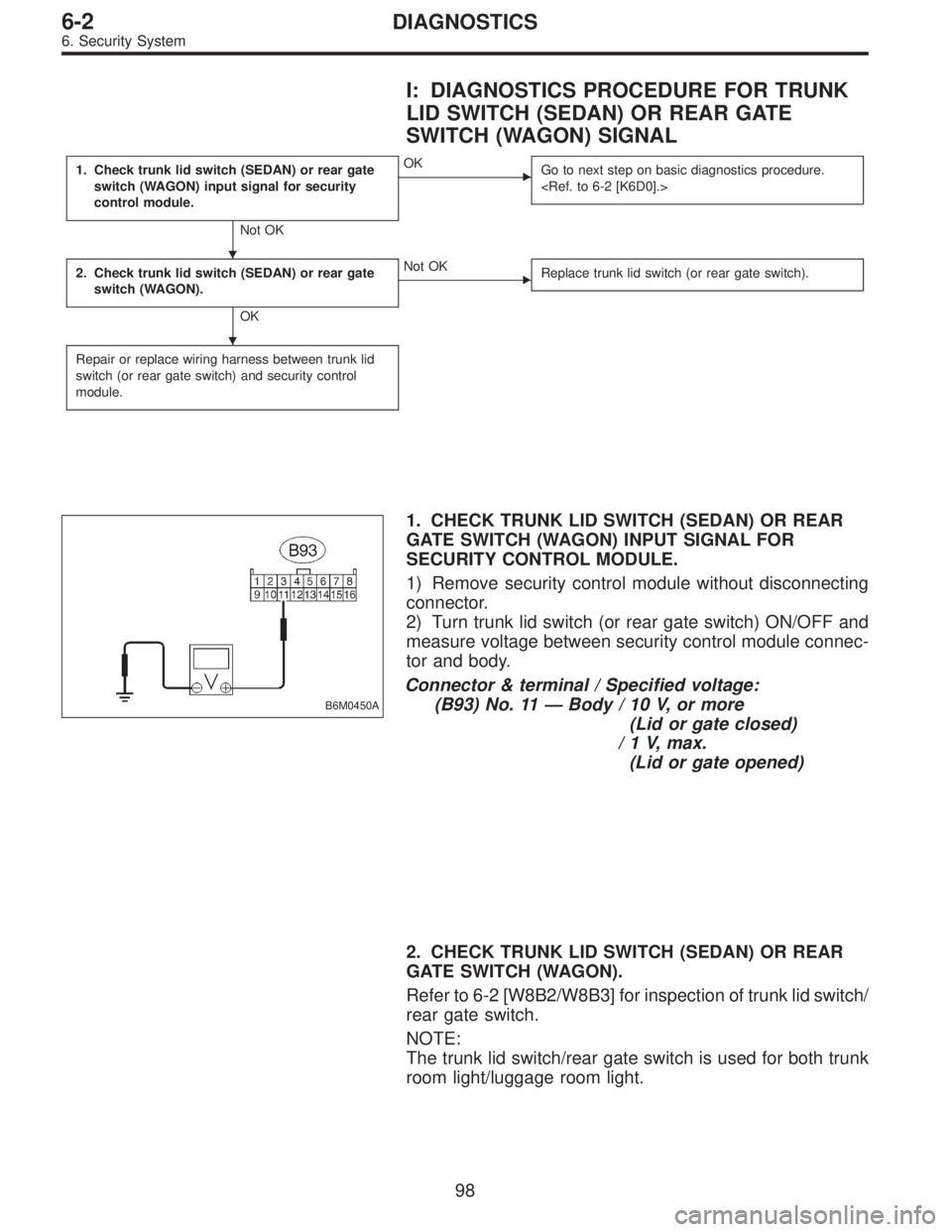 SUBARU LEGACY 1997  Service Repair Manual I: DIAGNOSTICS PROCEDURE FOR TRUNK
LID SWITCH (SEDAN) OR REAR GATE
SWITCH (WAGON) SIGNAL
1. Check trunk lid switch (SEDAN) or rear gate
switch (WAGON) input signal for security
control module.
Not OK
