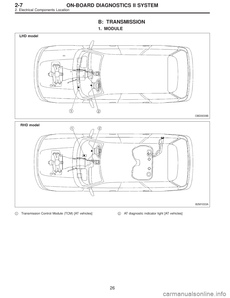 SUBARU LEGACY 1997  Service Repair Manual B: TRANSMISSION
1. MODULE
OBD0039B
B2M1033A
1Transmission Control Module (TCM) [AT vehicles]2AT diagnostic indicator light [AT vehicles]
26
2-7ON-BOARD DIAGNOSTICS II SYSTEM
2. Electrical Components