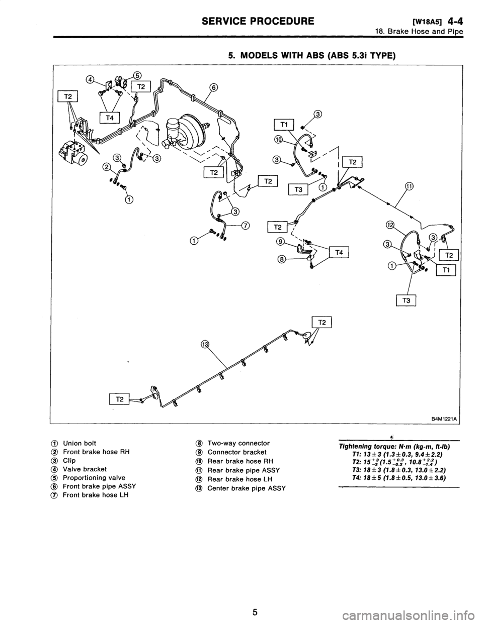 SUBARU LEGACY 1997  Service Repair Manual 
SERVICE
PROCEDURE
[W18A5]
4-4
18
.
Brake
Hose
and
Pipe
5
.
MODELS
WITH
ABS
(ABS
5
.3i
TYPE)

B4M1221A

Union
bolt
~2
Front
brake
hose
RH

~3
Clip

~4
Valve
bracket

~5
Proportioning
valve

06
Front
b