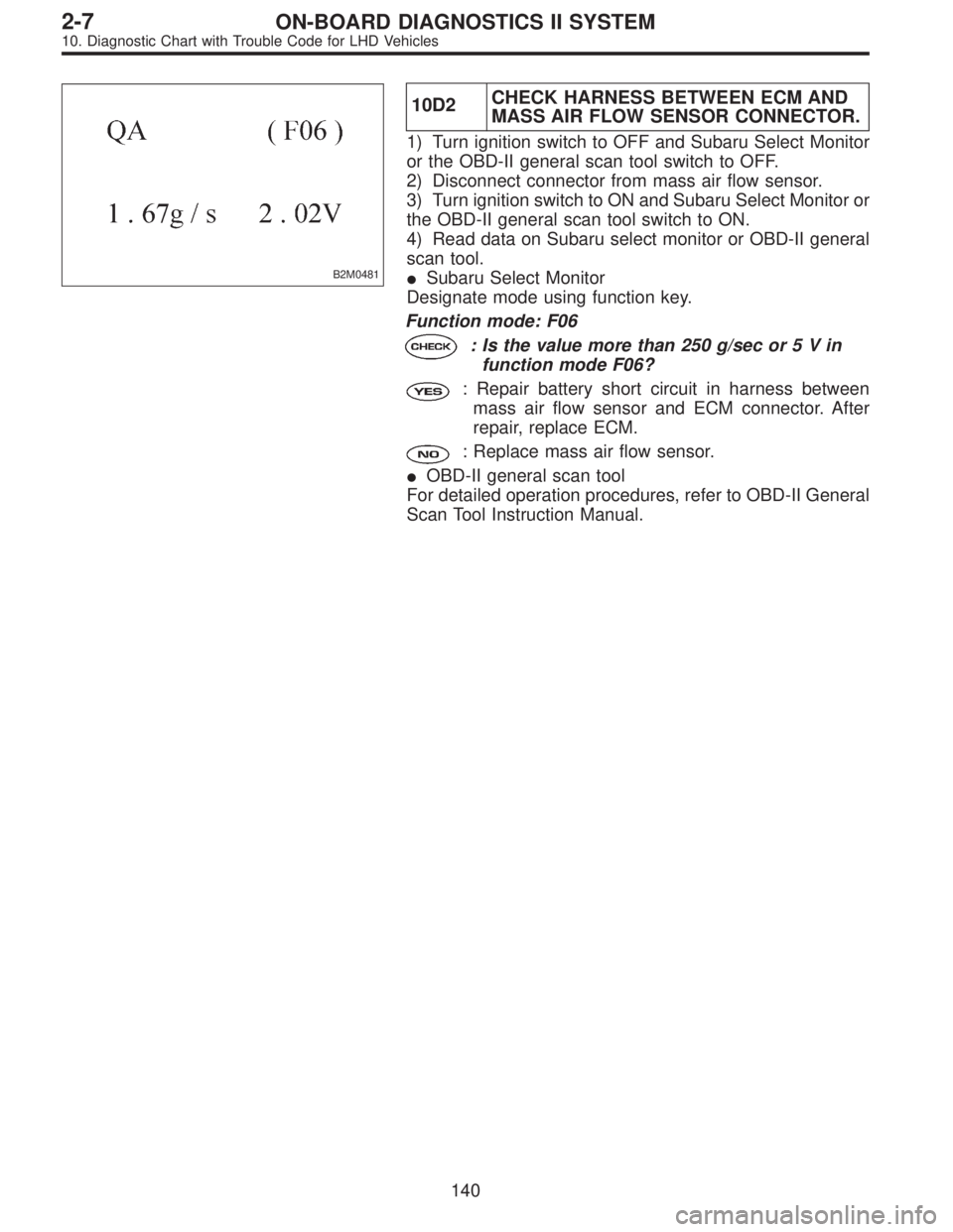 SUBARU LEGACY 1997  Service Repair Manual B2M0481
10D2CHECK HARNESS BETWEEN ECM AND
MASS AIR FLOW SENSOR CONNECTOR.
1) Turn ignition switch to OFF and Subaru Select Monitor
or the OBD-II general scan tool switch to OFF.
2) Disconnect connecto